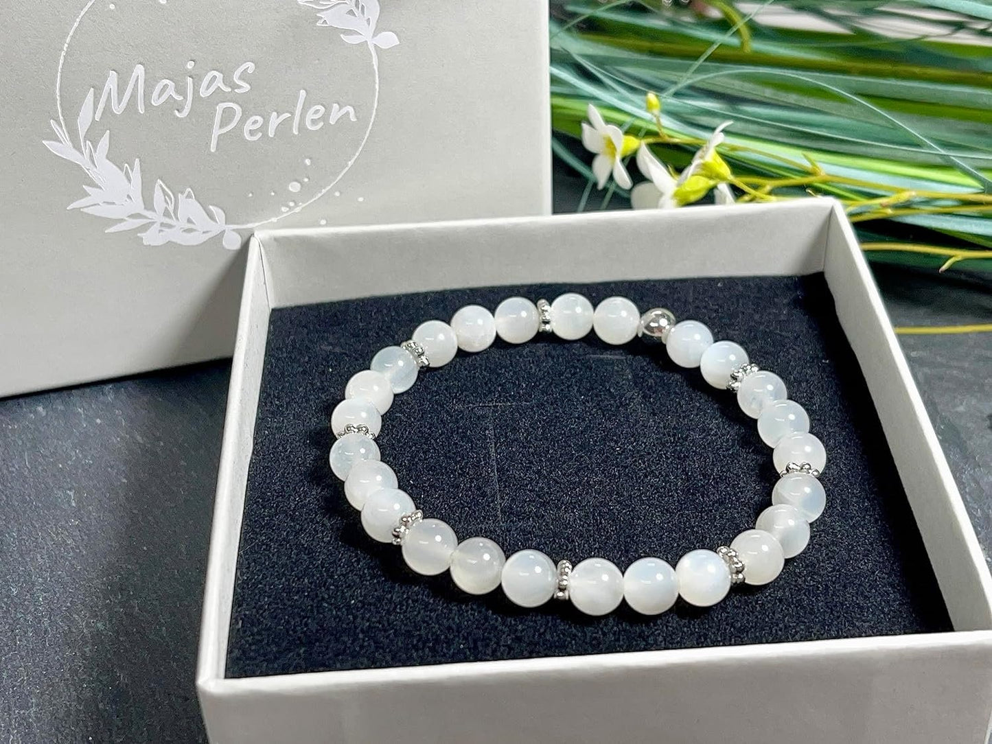 Mondstein Armband Perlen 6mm Daisyperlen echt Platiniert oder Vergoldet - Handmade Perlenarmband Sensibilität Fruchtbarkeit Weiblichkeit