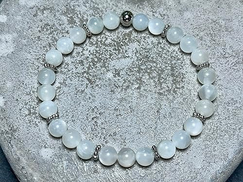 Mondstein Armband Perlen 6mm Daisyperlen echt Platiniert oder Vergoldet - Handmade Perlenarmband Sensibilität Fruchtbarkeit Weiblichkeit