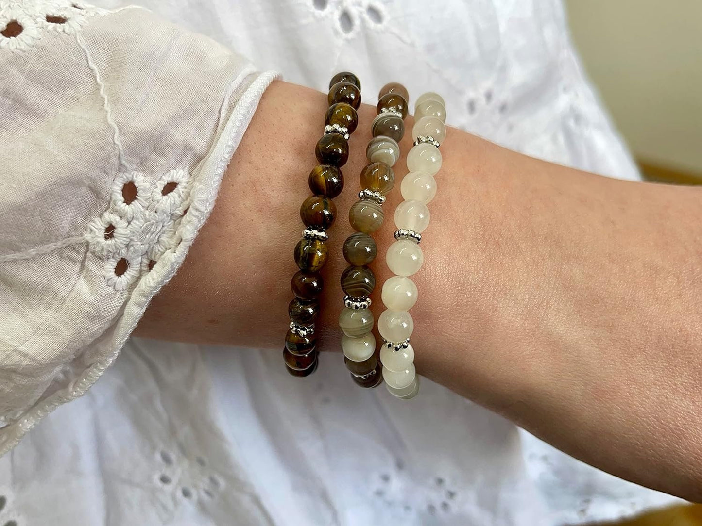 Tigerauge Armband mit Perlen echt 6mm Daisyperlen echt Platiniert oder Vergoldet - Handmade Perlenarmband für Mut Klarheit Sicherheit