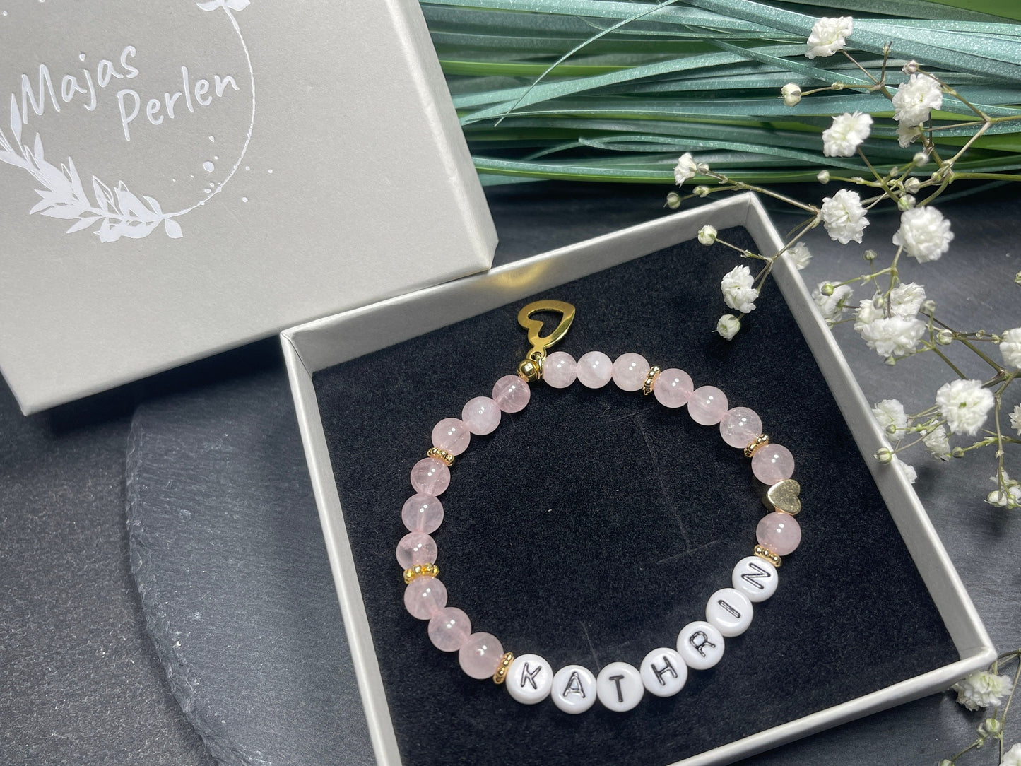 Armband Name Rosenquarz gold - Herz echt Vergoldet - Geschenk Schwangerschaft Baby Geburt Mädchenarmband Lieblingsmensch Mama