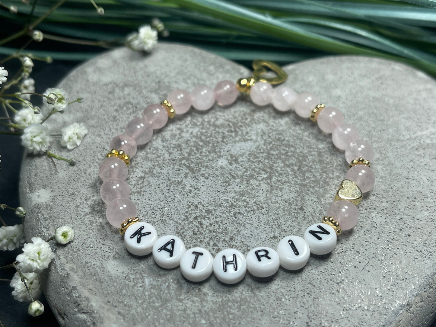 Armband Name Rosenquarz gold - Herz echt Vergoldet - Geschenk Schwangerschaft Baby Geburt Mädchenarmband Lieblingsmensch Mama