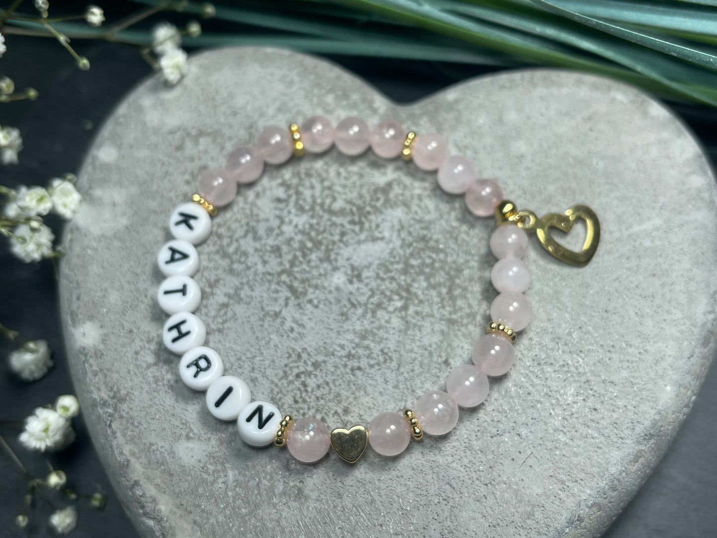 Armband Name Rosenquarz gold - Herz echt Vergoldet - Geschenk Schwangerschaft Baby Geburt Mädchenarmband Lieblingsmensch Mama