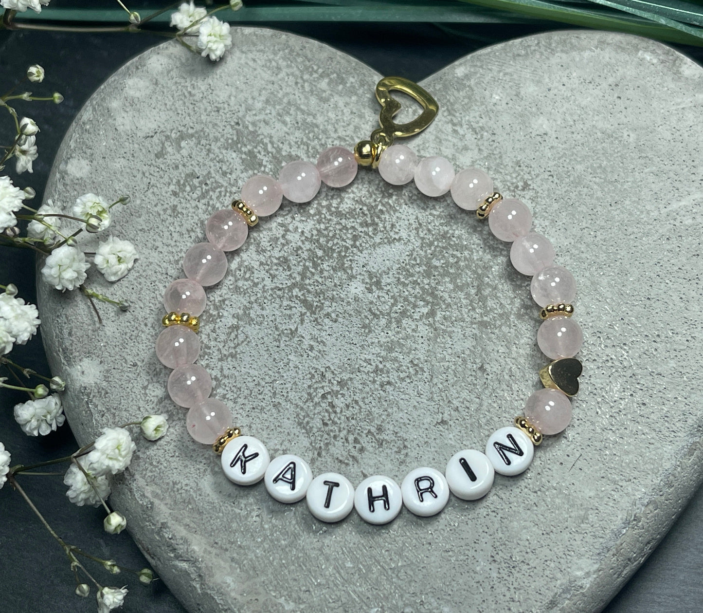 Armband Name Rosenquarz gold - Herz echt Vergoldet - Geschenk Schwangerschaft Baby Geburt Mädchenarmband Lieblingsmensch Mama