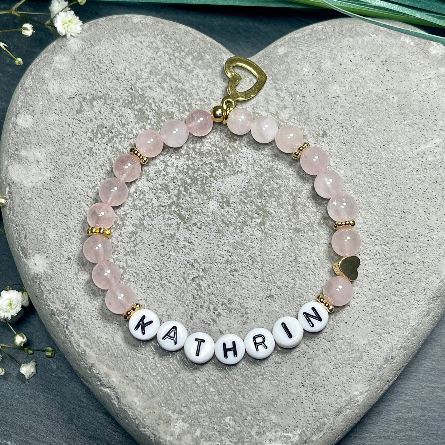 Armband Name Rosenquarz gold - Herz echt Vergoldet - Geschenk Schwangerschaft Baby Geburt Mädchenarmband Lieblingsmensch Mama