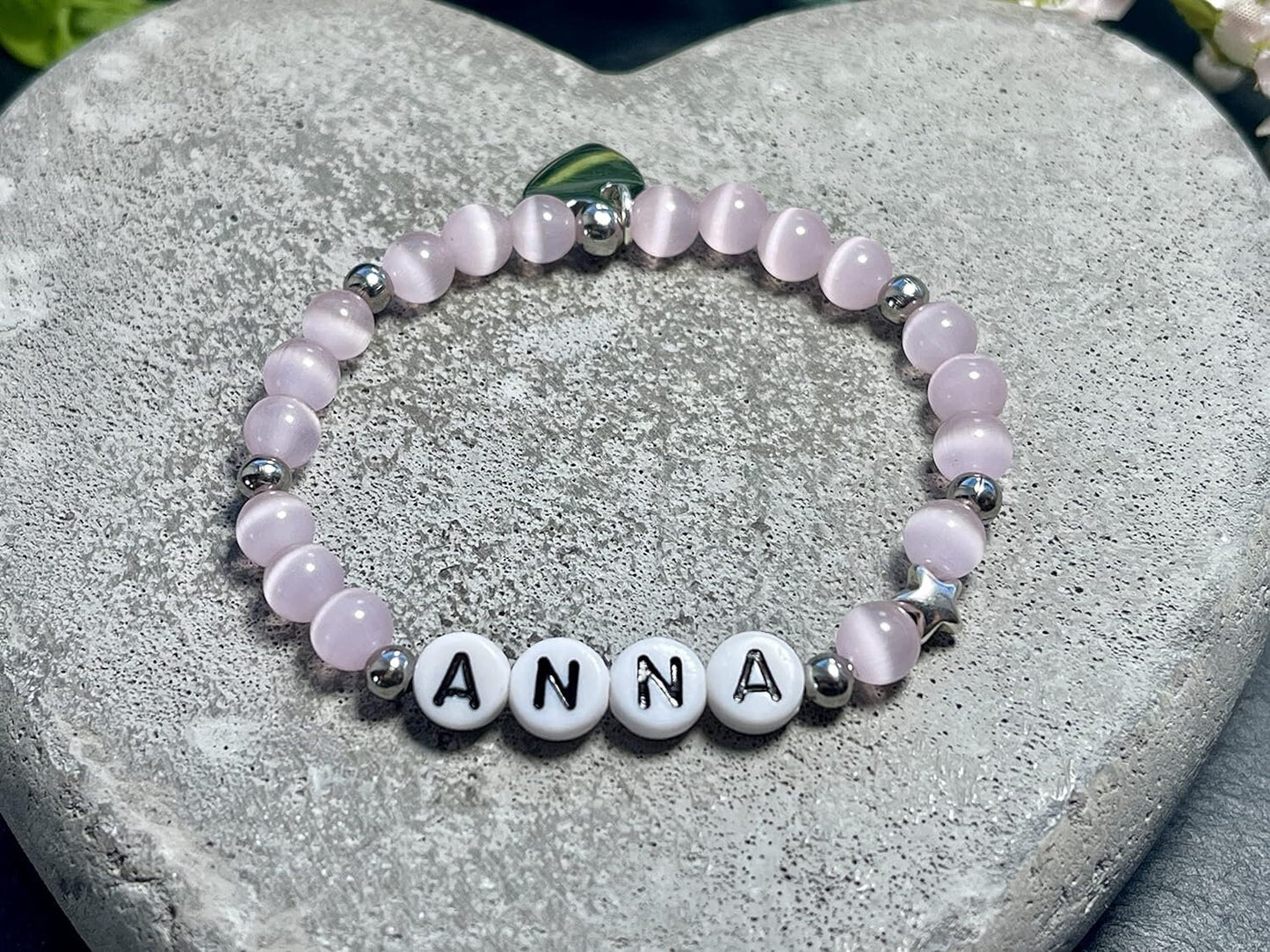 Armband mit Name Mädchen Rosa Cateyeperlen & Edelstahl - Geschenk Mädchen - Namensarmband viele Farben personalisierbar Kinderarmband