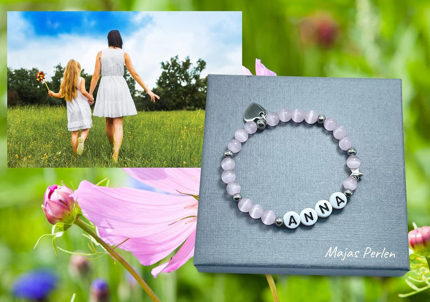 Armband mit Name Mädchen Rosa Cateyeperlen & Edelstahl - Geschenk Mädchen - Namensarmband viele Farben personalisierbar Kinderarmband