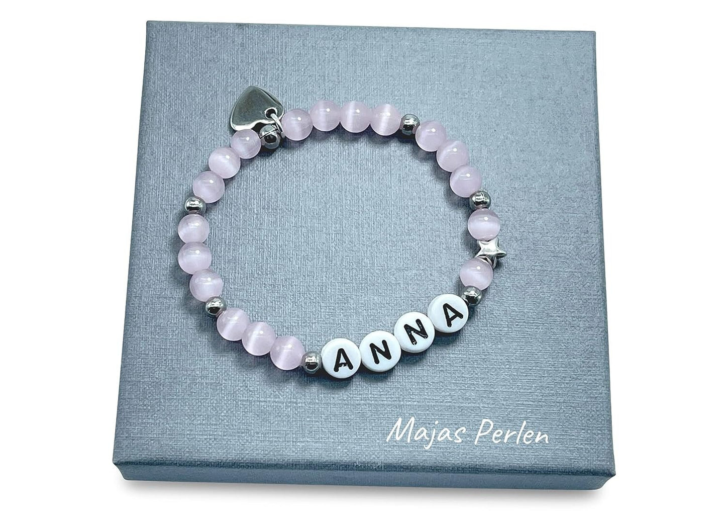 Armband mit Name Mädchen Rosa Cateyeperlen & Edelstahl - Geschenk Mädchen - Namensarmband viele Farben personalisierbar Kinderarmband