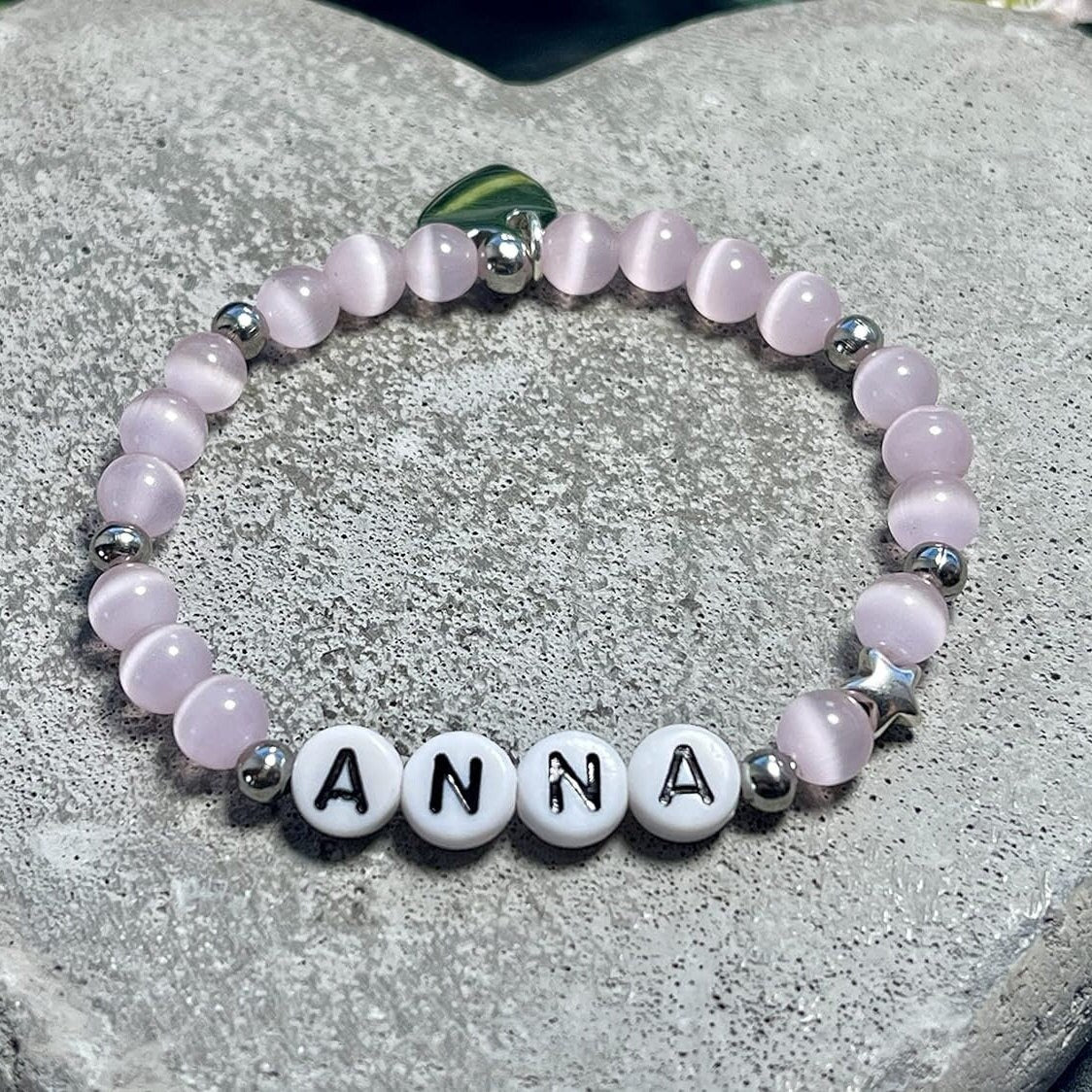 Armband mit Name Mädchen Rosa Cateyeperlen & Edelstahl - Geschenk Mädchen - Namensarmband viele Farben personalisierbar Kinderarmband