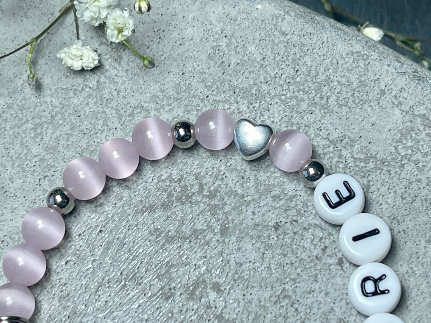 Armband mit Name Mädchen Cateyeperlen Rosa Herz Edelstahl - Geschenk Mädchen - Namensarmband viele Farben personalisierbar Kinderarmband