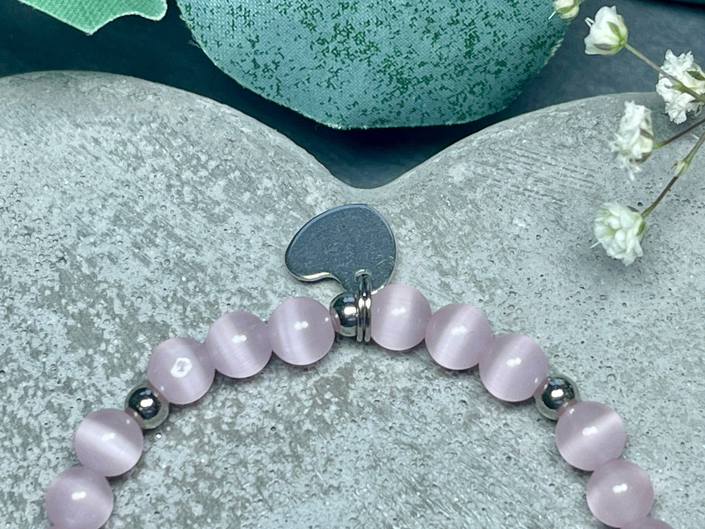 Armband mit Name Mädchen Cateyeperlen Rosa Herz Edelstahl - Geschenk Mädchen - Namensarmband viele Farben personalisierbar Kinderarmband
