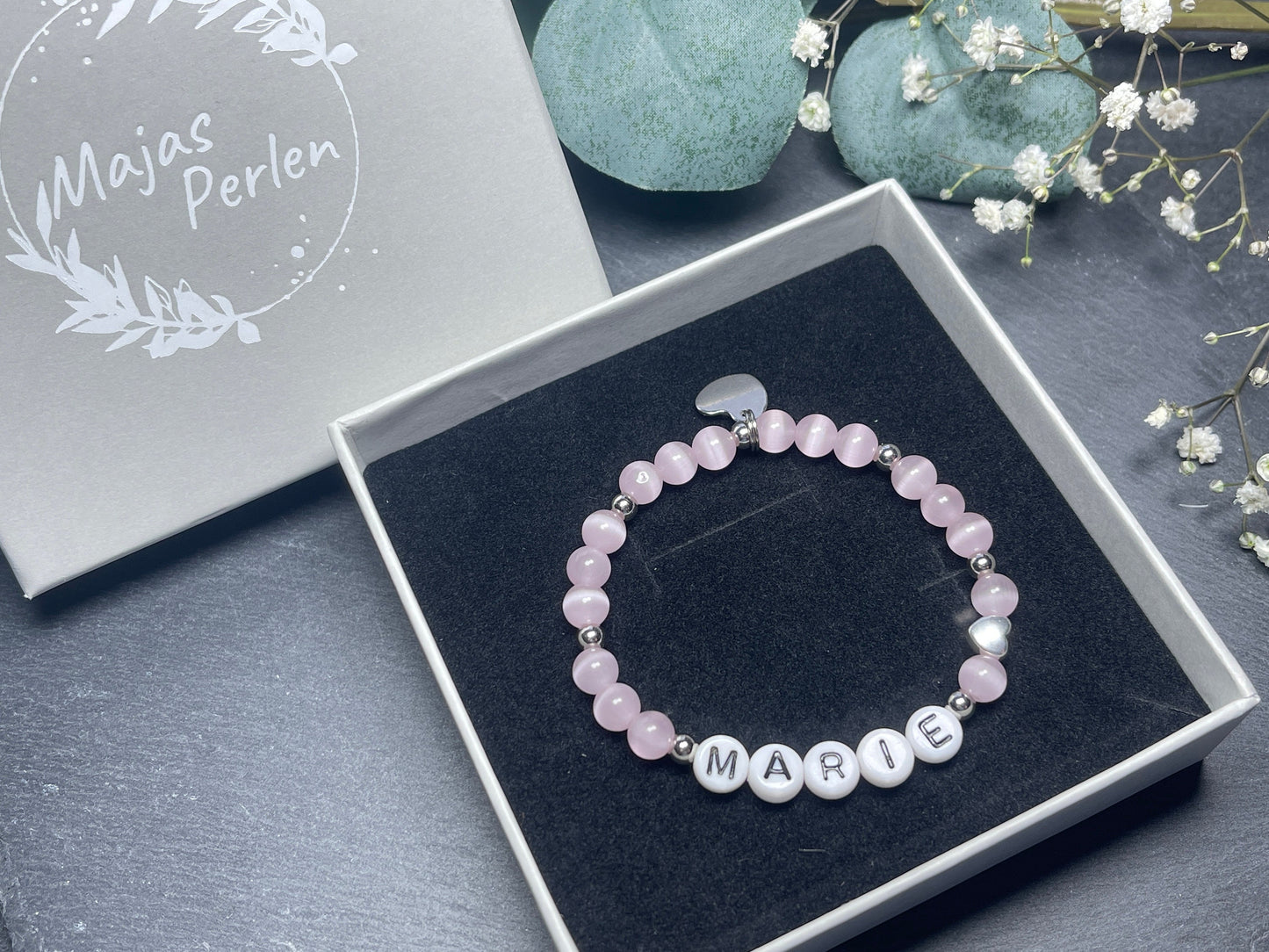 Armband mit Name Mädchen Cateyeperlen Rosa Herz Edelstahl - Geschenk Mädchen - Namensarmband viele Farben personalisierbar Kinderarmband