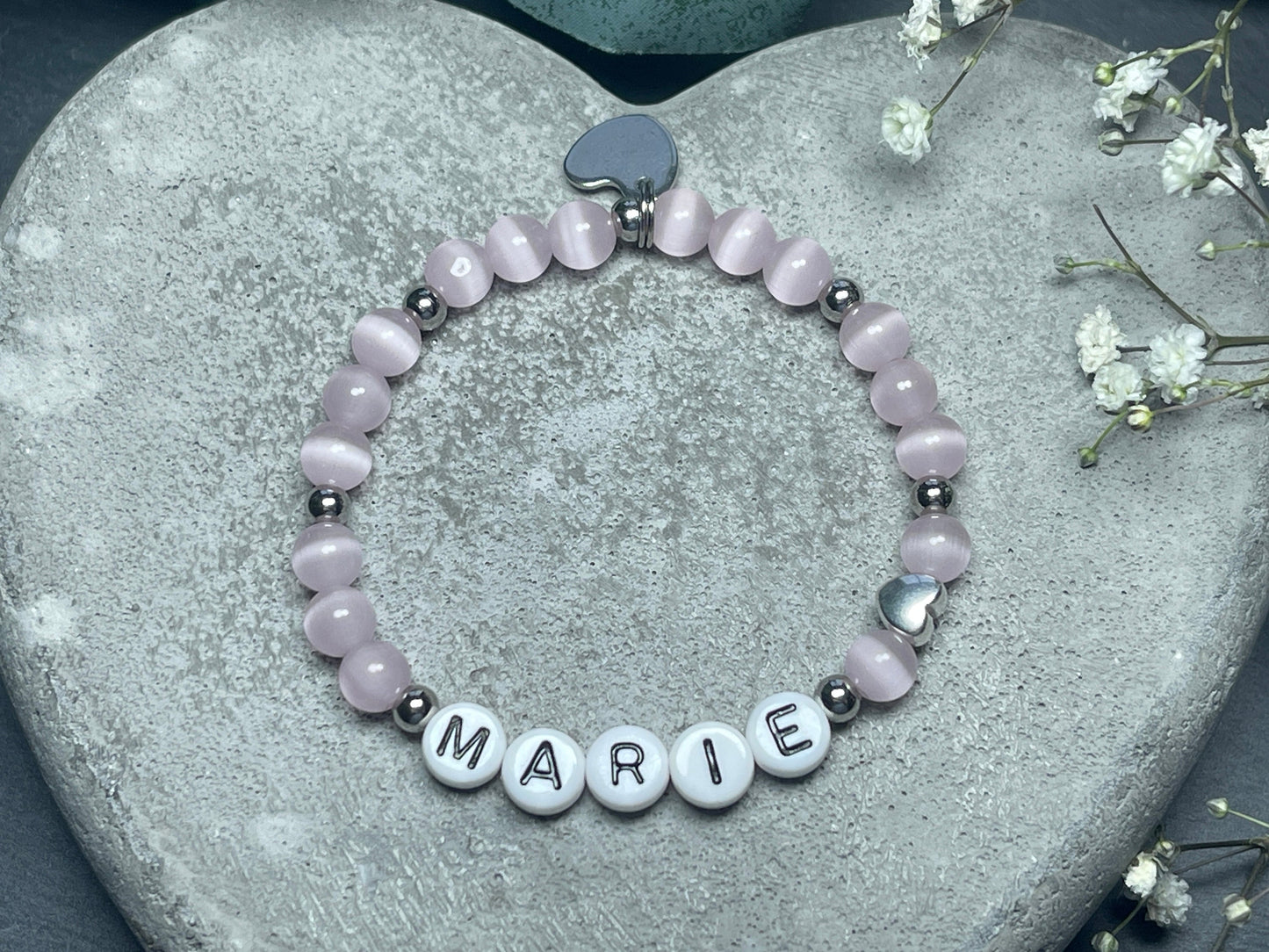 Armband mit Name Mädchen Cateyeperlen Rosa Herz Edelstahl - Geschenk Mädchen - Namensarmband viele Farben personalisierbar Kinderarmband