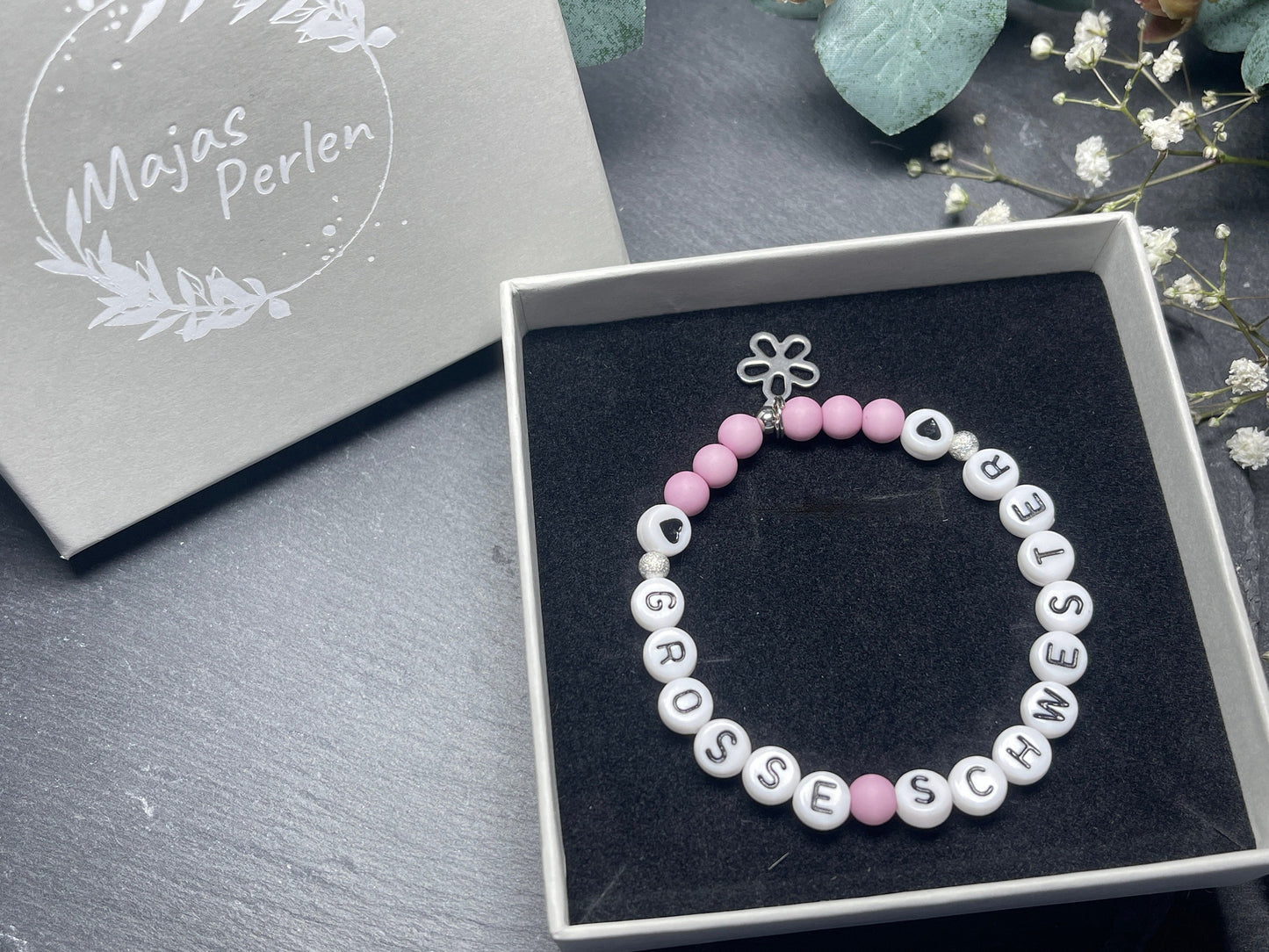 Armband Große Schwester Flieder Acrylperlen 6 mm - Geschenk Big Sister kleiner Bruder Familie Kinder - Farben nach Wunsch personalisierbar