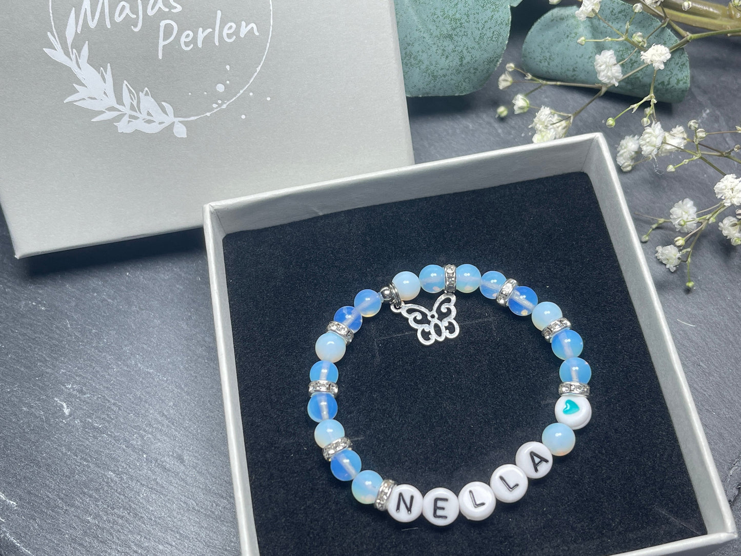 Armband mit Name Mädchen Opal Strassrondelle - Geschenk Mädchen Freundschaft - Namensarmband viele Farben personalisierbar Kinderarmband