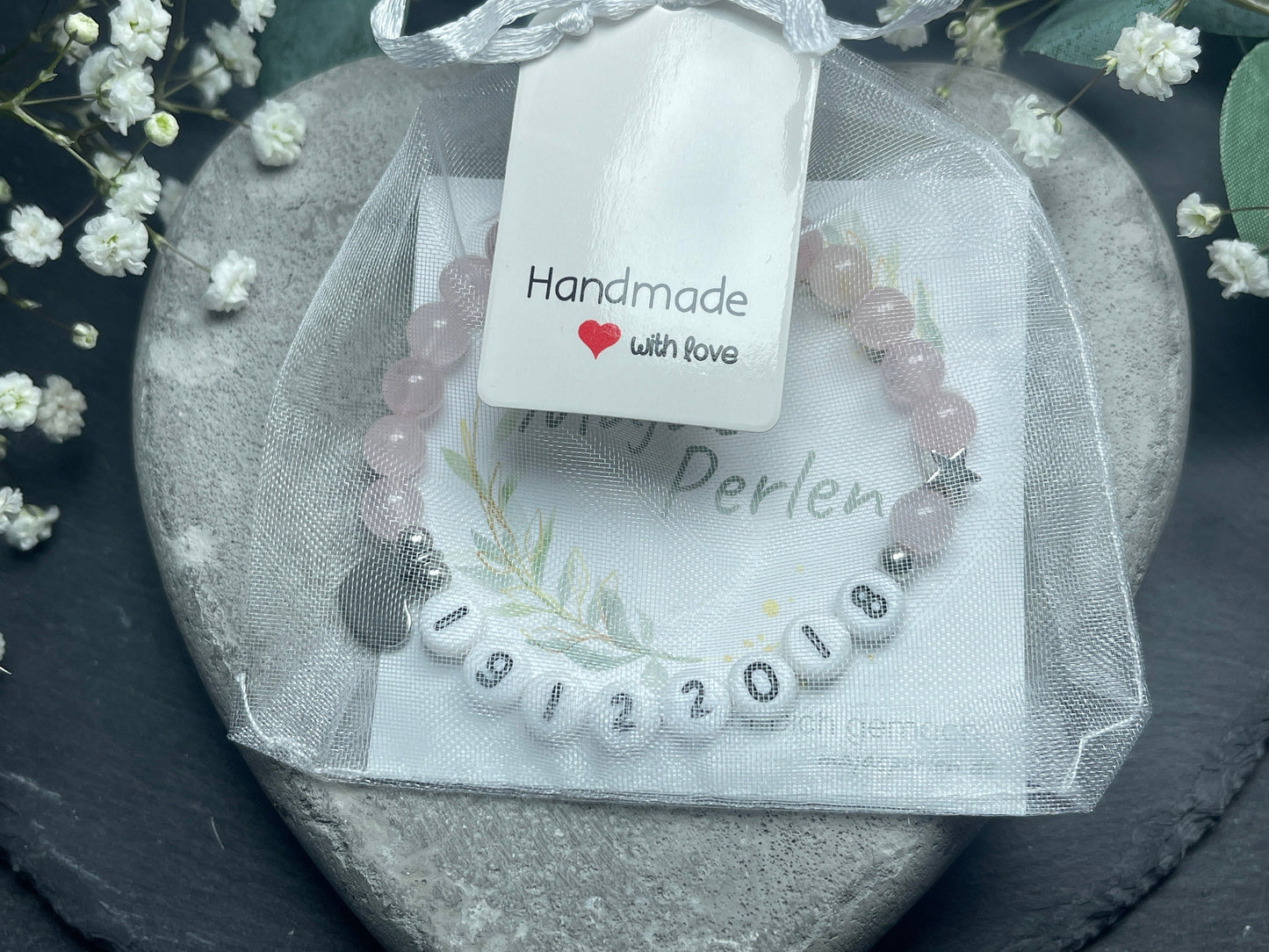 Armband Rosenquarz mit Namen Datum - Stern Platiniert - Geschenk Lieblingsmensch Liebe - Perlenarmband mit Namen - Erinnerungsarmband
