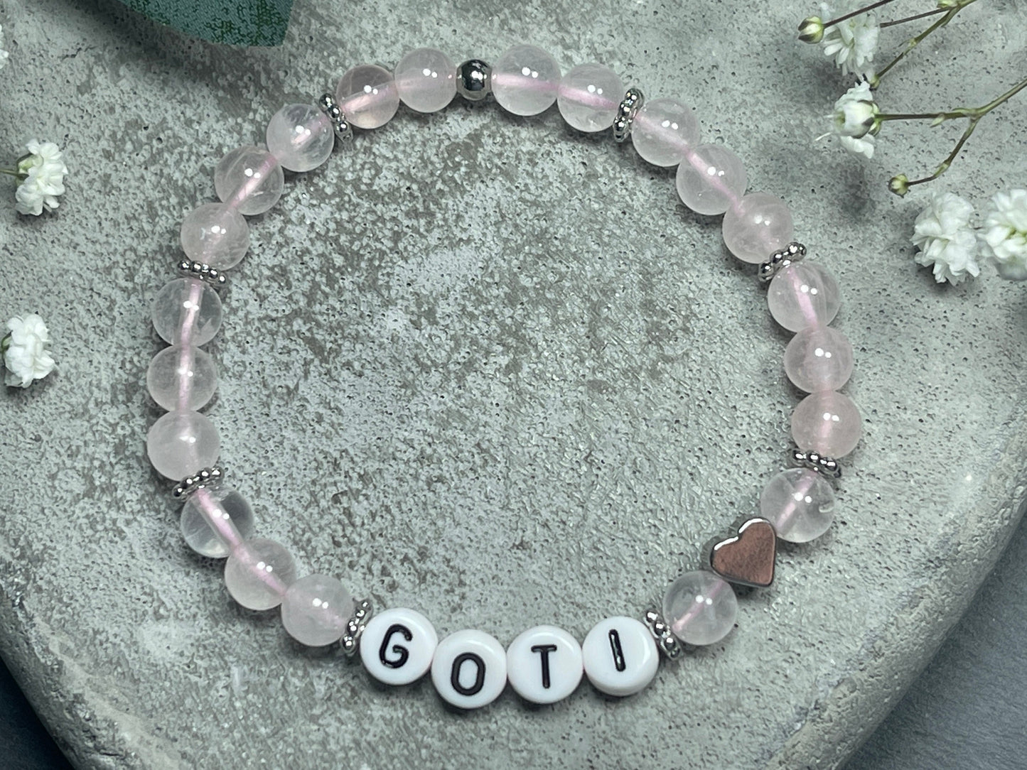 Armband Rosenquarz Goti Patentante - Herz Platiniert - Geschenk Frage Patenschaft für Goti Patin Madrina - Perlenarmband personalisiert