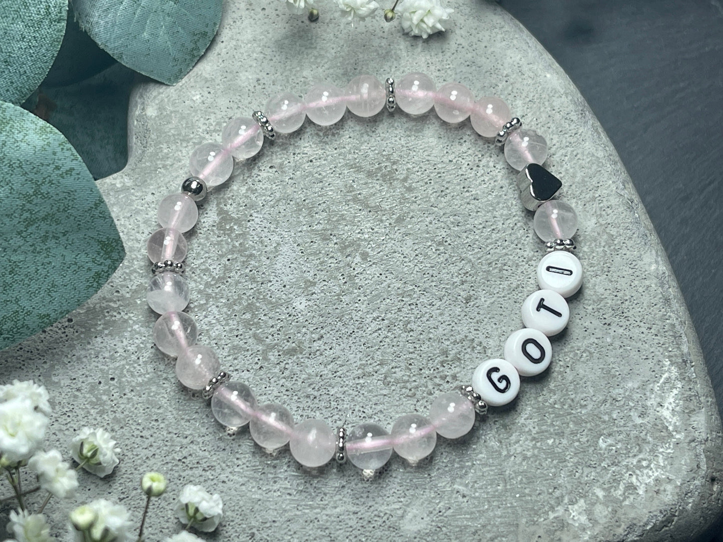 Armband Rosenquarz Goti Patentante - Herz Platiniert - Geschenk Frage Patenschaft für Goti Patin Madrina - Perlenarmband personalisiert