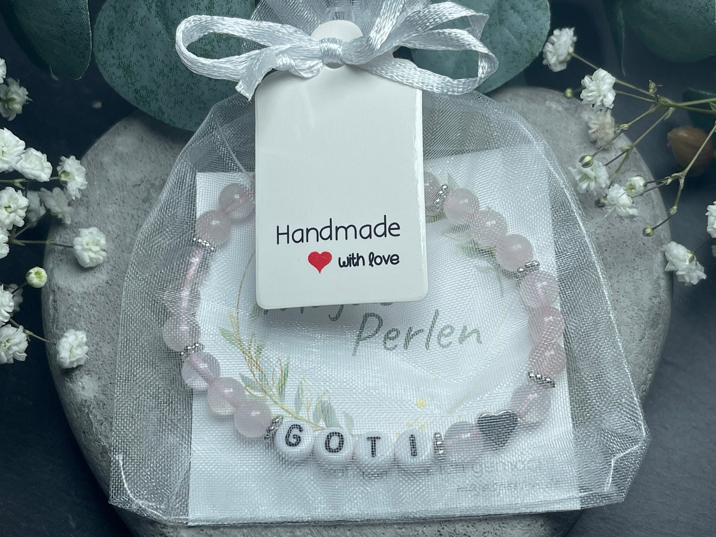Armband Rosenquarz Goti Patentante - Herz Platiniert - Geschenk Frage Patenschaft für Goti Patin Madrina - Perlenarmband personalisiert