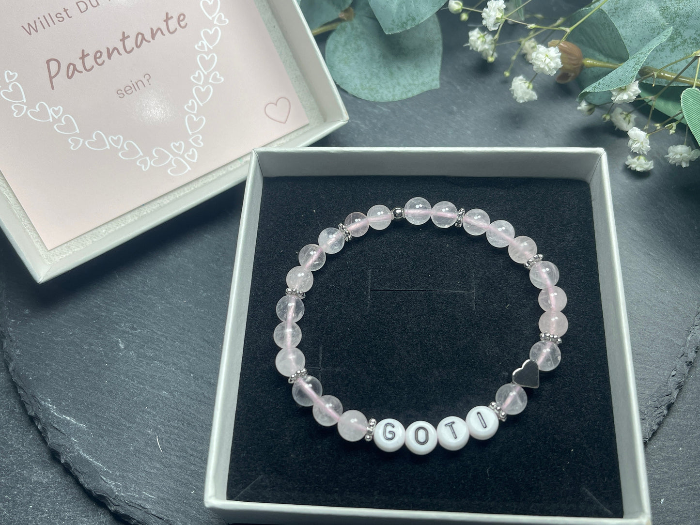 Armband Rosenquarz Goti Patentante - Herz Platiniert - Geschenk Frage Patenschaft für Goti Patin Madrina - Perlenarmband personalisiert