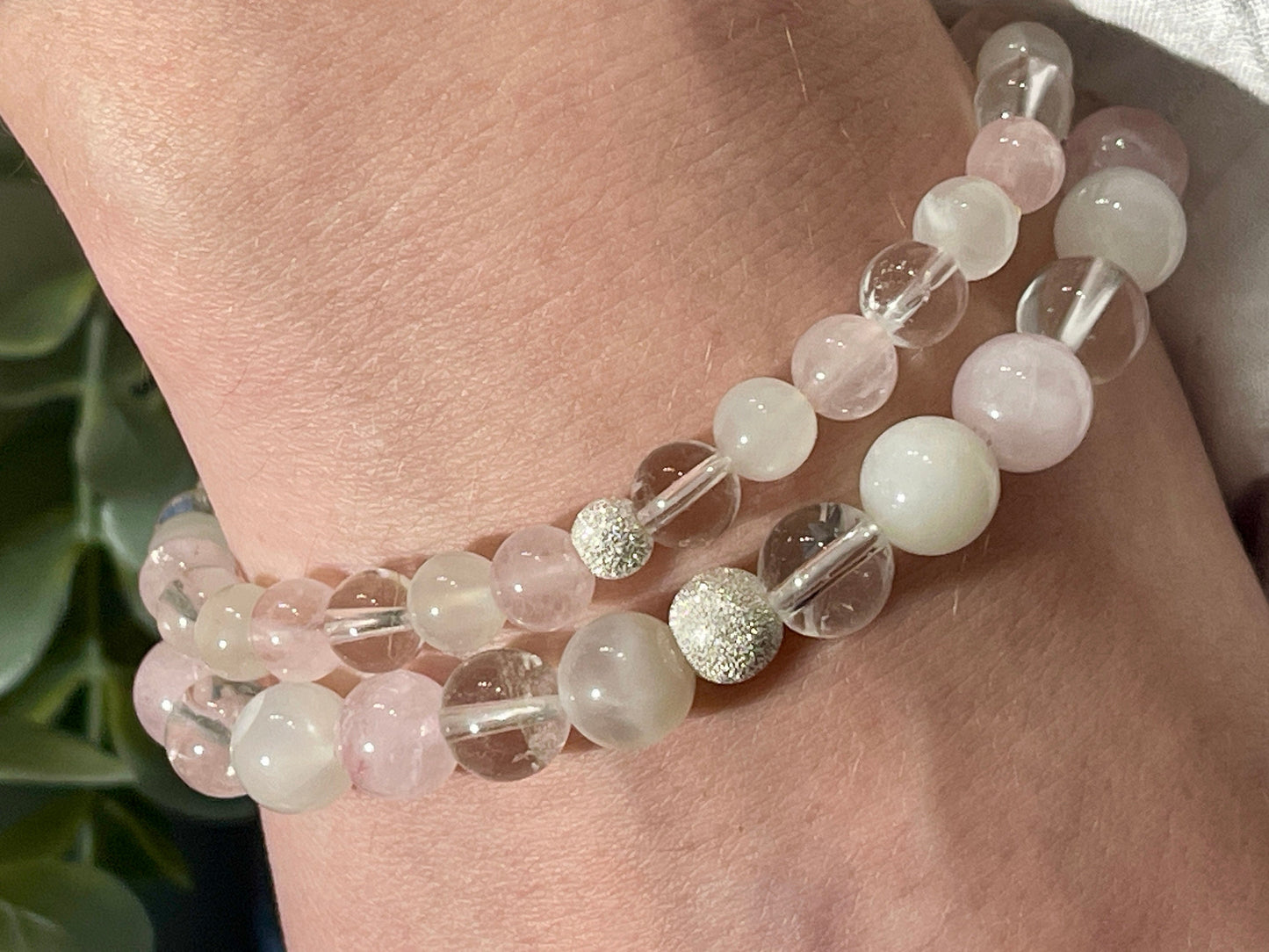 Armband Wechseljahre Mondstein Rosenquarz Bergkristall echt 8mm mit 925er Sterling Silber Gold Roségold 7mm facettiert - Handmade