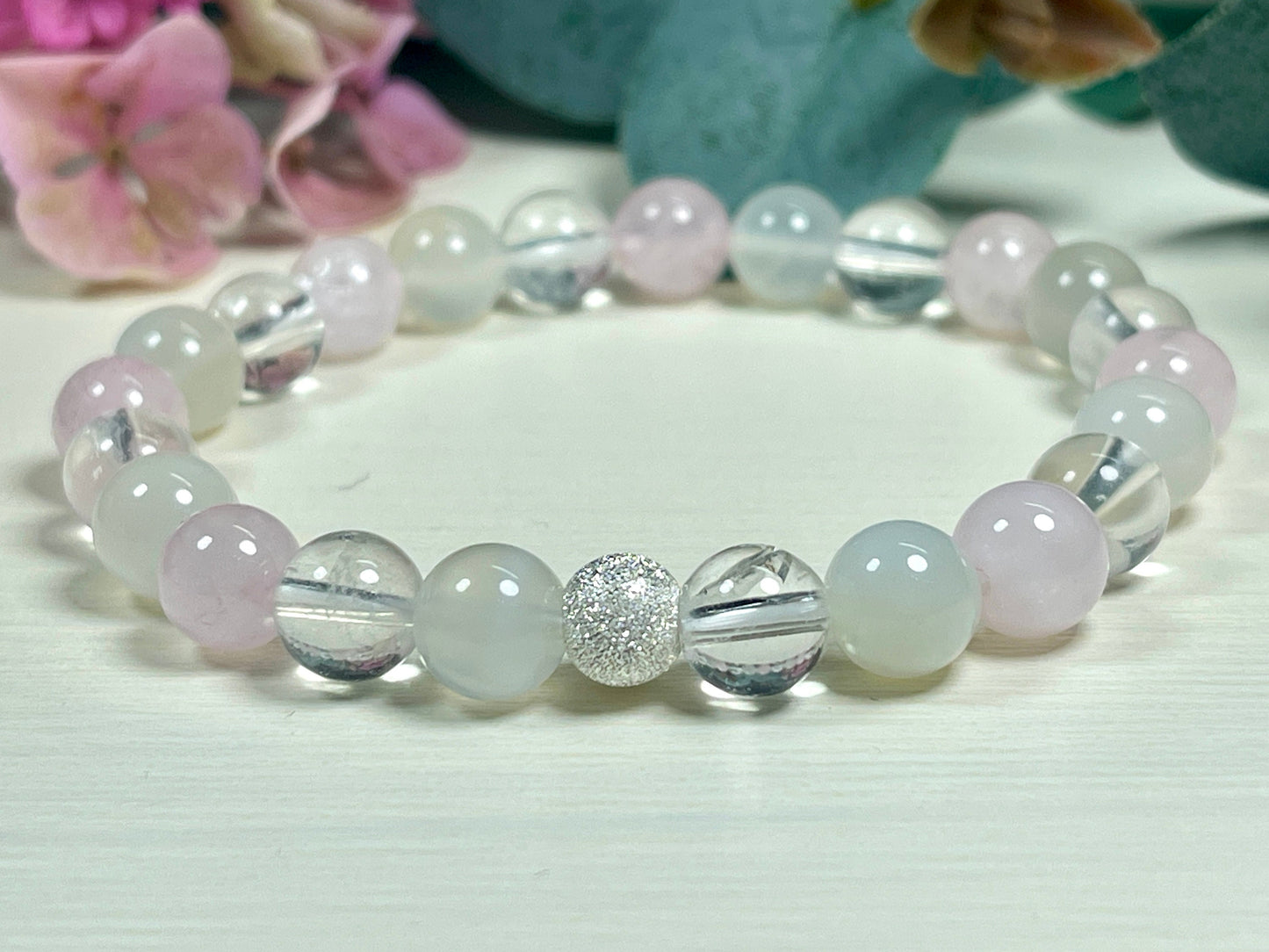Armband Wechseljahre Mondstein Rosenquarz Bergkristall echt 8mm mit 925er Sterling Silber Gold Roségold 7mm facettiert - Handmade