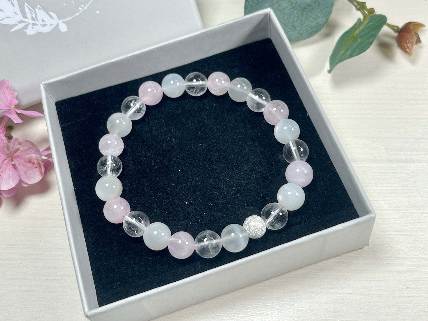 Armband Wechseljahre Mondstein Rosenquarz Bergkristall echt 8mm mit 925er Sterling Silber Gold Roségold 7mm facettiert - Handmade