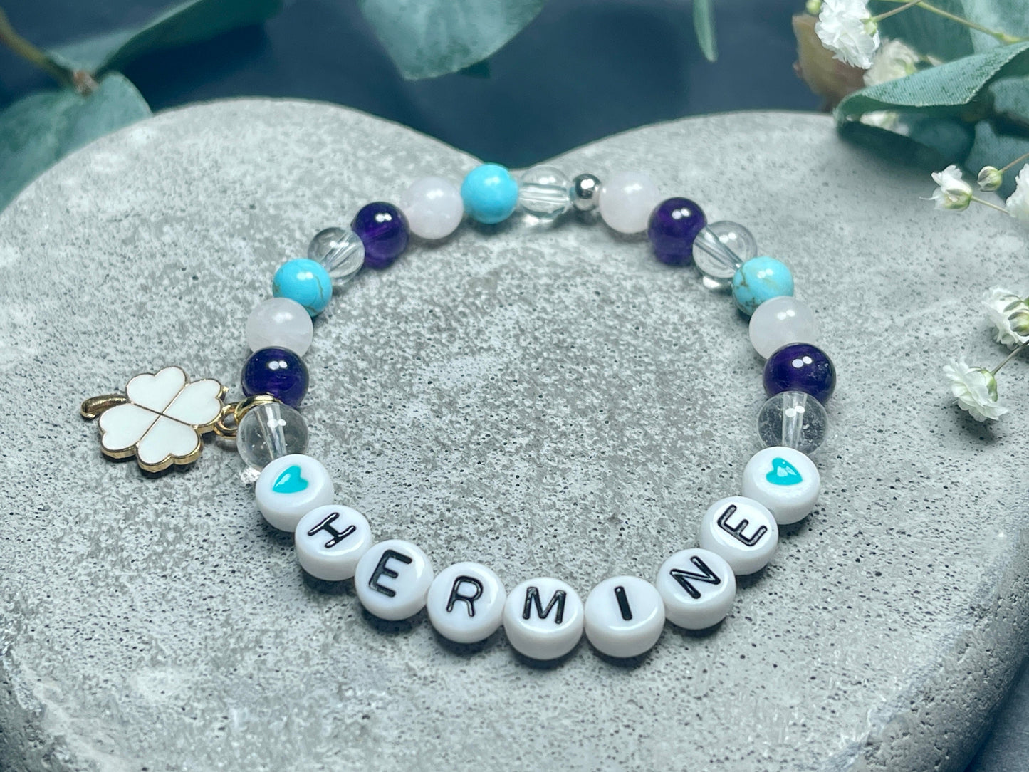Armband mit Name Edelsteinmix Rosenquarz Amethyst Türkis Bergkristall - Geschenk Geburt Kinderarmband Baby Mädchenarmband - personalisierbar