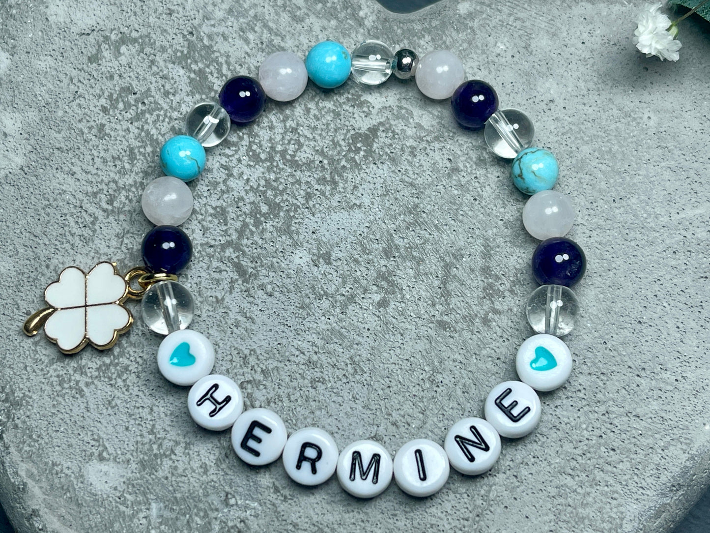 Armband mit Name Edelsteinmix Rosenquarz Amethyst Türkis Bergkristall - Geschenk Geburt Kinderarmband Baby Mädchenarmband - personalisierbar
