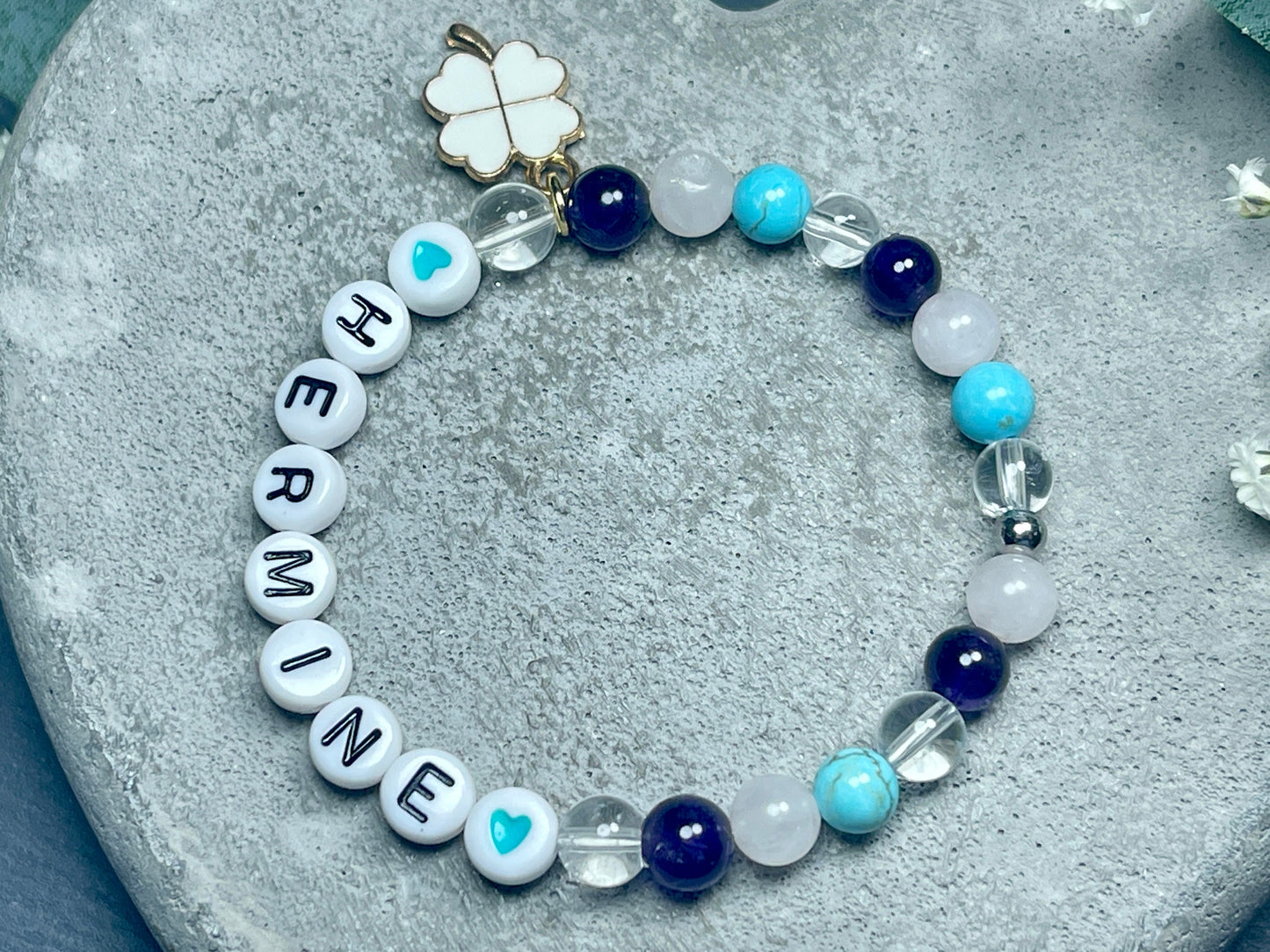Armband mit Name Edelsteinmix Rosenquarz Amethyst Türkis Bergkristall - Geschenk Geburt Kinderarmband Baby Mädchenarmband - personalisierbar