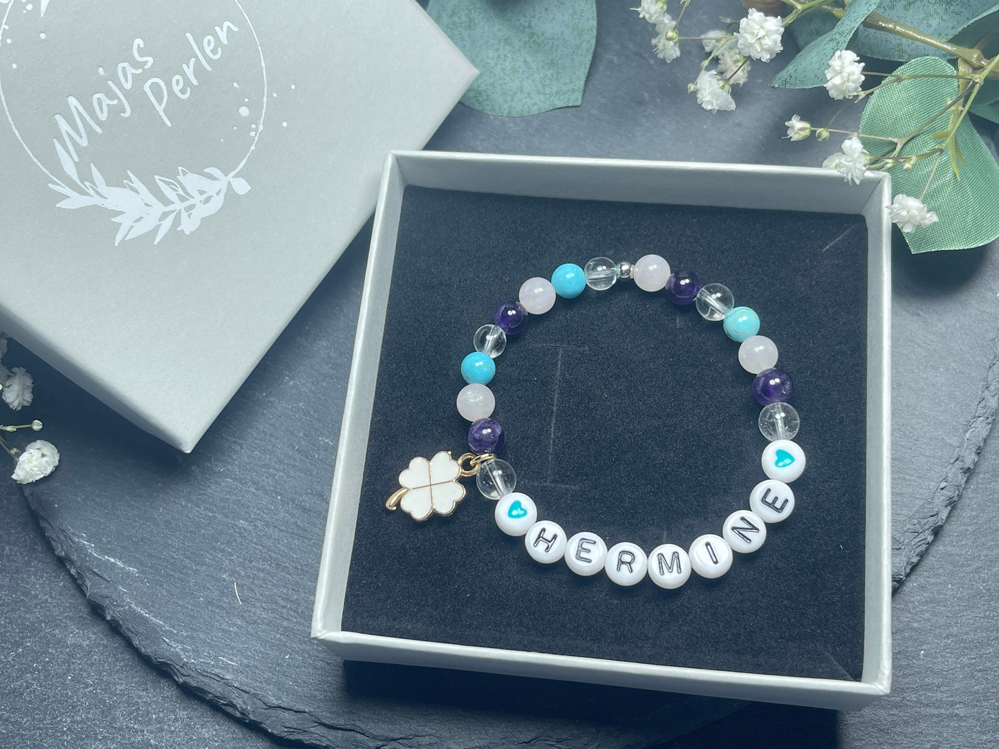 Armband mit Name Edelsteinmix Rosenquarz Amethyst Türkis Bergkristall - Geschenk Geburt Kinderarmband Baby Mädchenarmband - personalisierbar
