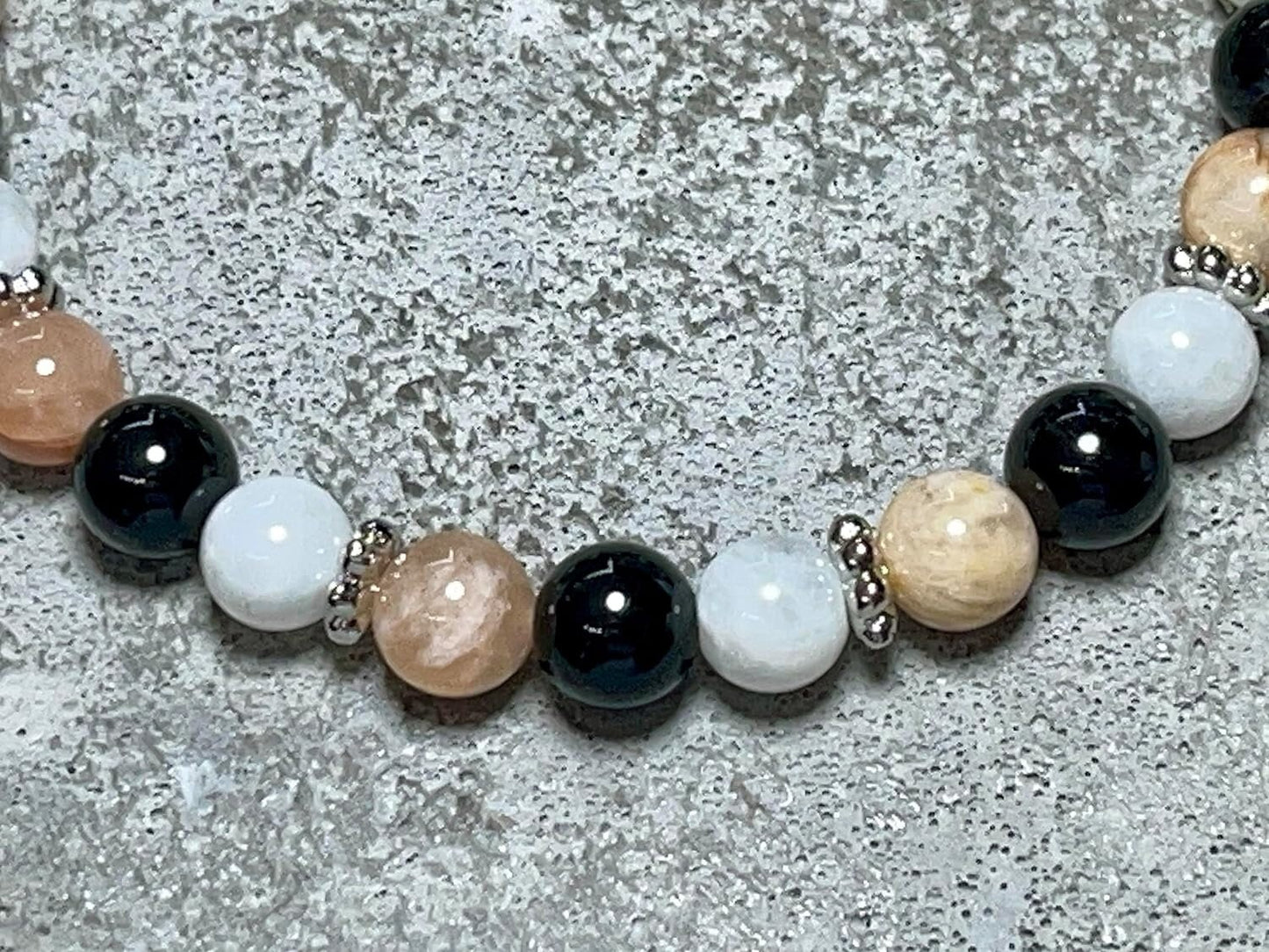 Armband Turmalin Mondstein Sonnenstein Perlen echt Platiniert - spirituelles Perlenarmband positive Energie Optimismus Schutz Freude