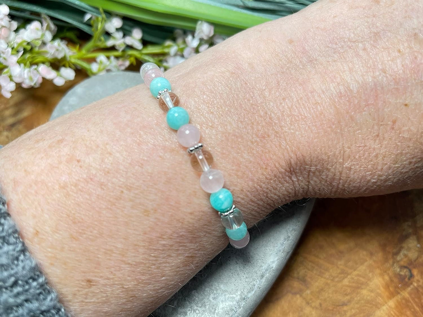 Armband Mix Amazonit Bergkristall Rosenquarz Edelstahl echte Natursteine - spirituelles Armband emotionale Balance Klarheit Liebe Mitgefühl