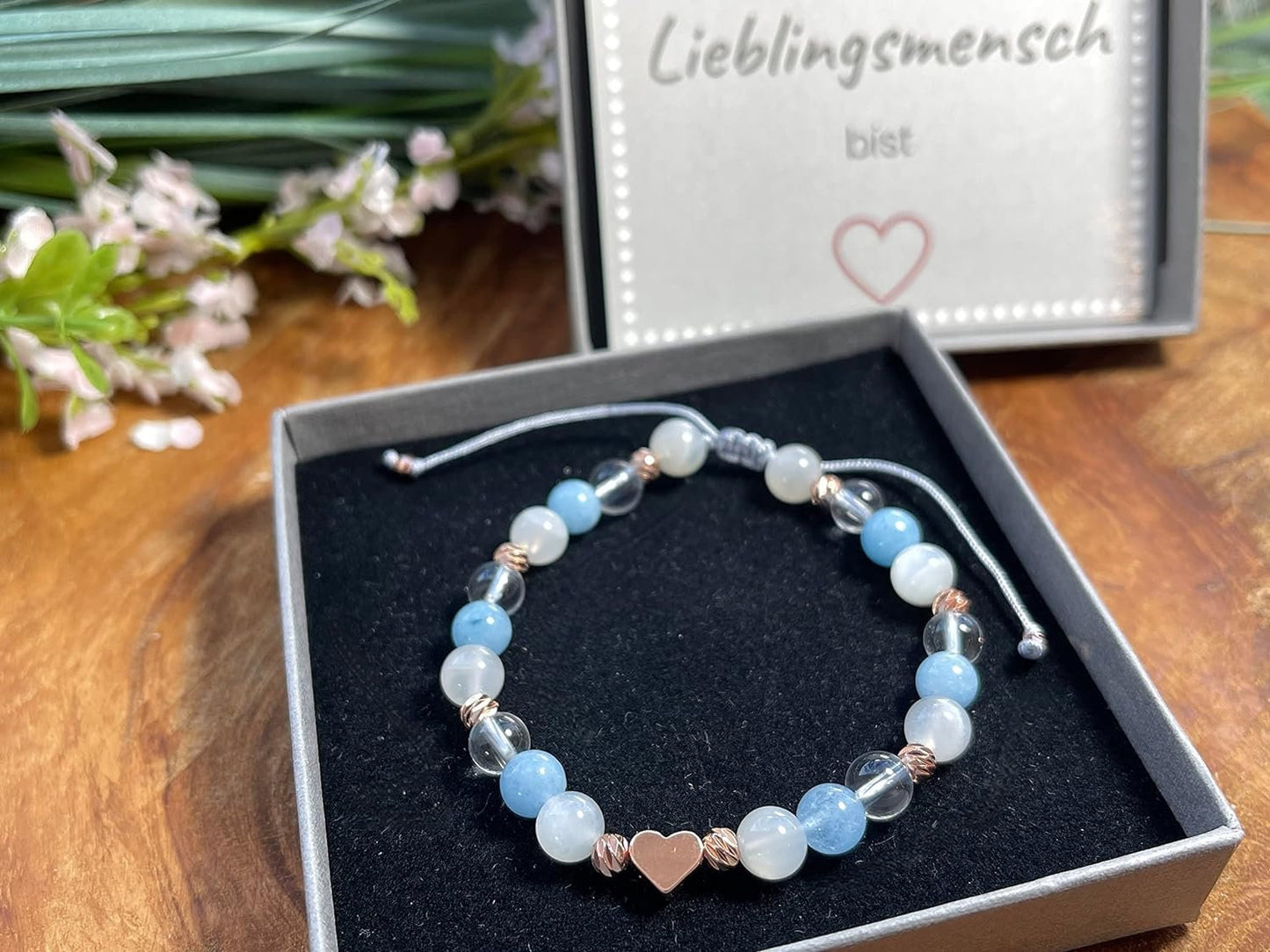 Armband Mondstein Bergkristall Aquamarin Makramee - Facettenperlen Roségold plated - Perlenarmband Klarheit Kommunikation innerer Frieden