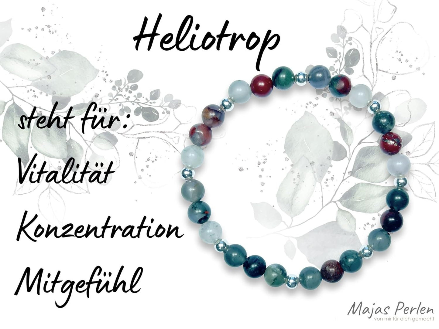 Armband Heliotrop Perlen echt 6mm mit Sterling Silber 925 Perlen Gold Roségold plated - Vitalität Konzentration Mitgefühl - Spirituell