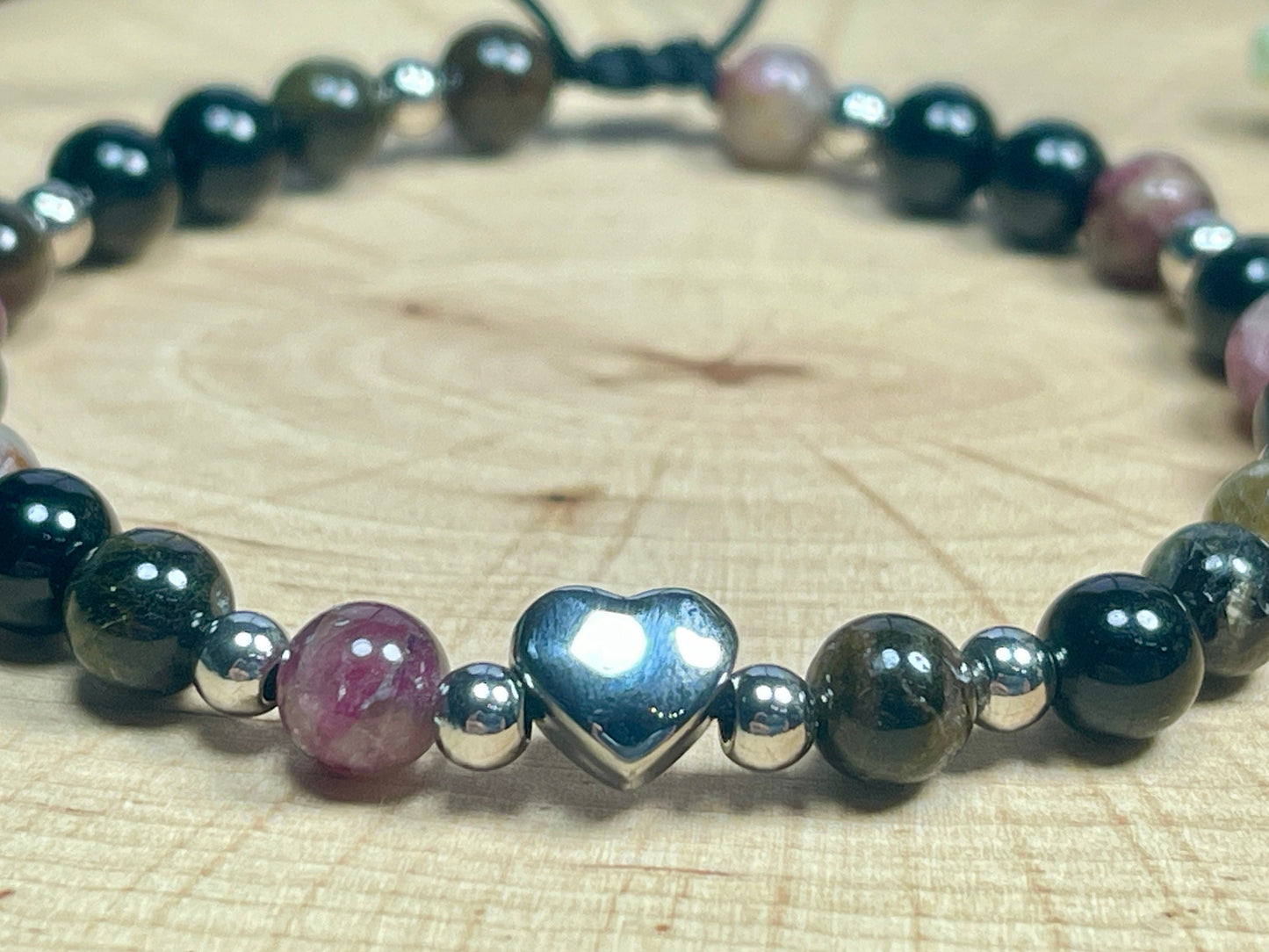 Armband Wassermelonen Turmalin Herz Edelstahl Makramee verstellbar - Perlenarmband Schutzstein- Spiritueller Schmuck - echte Natursteine