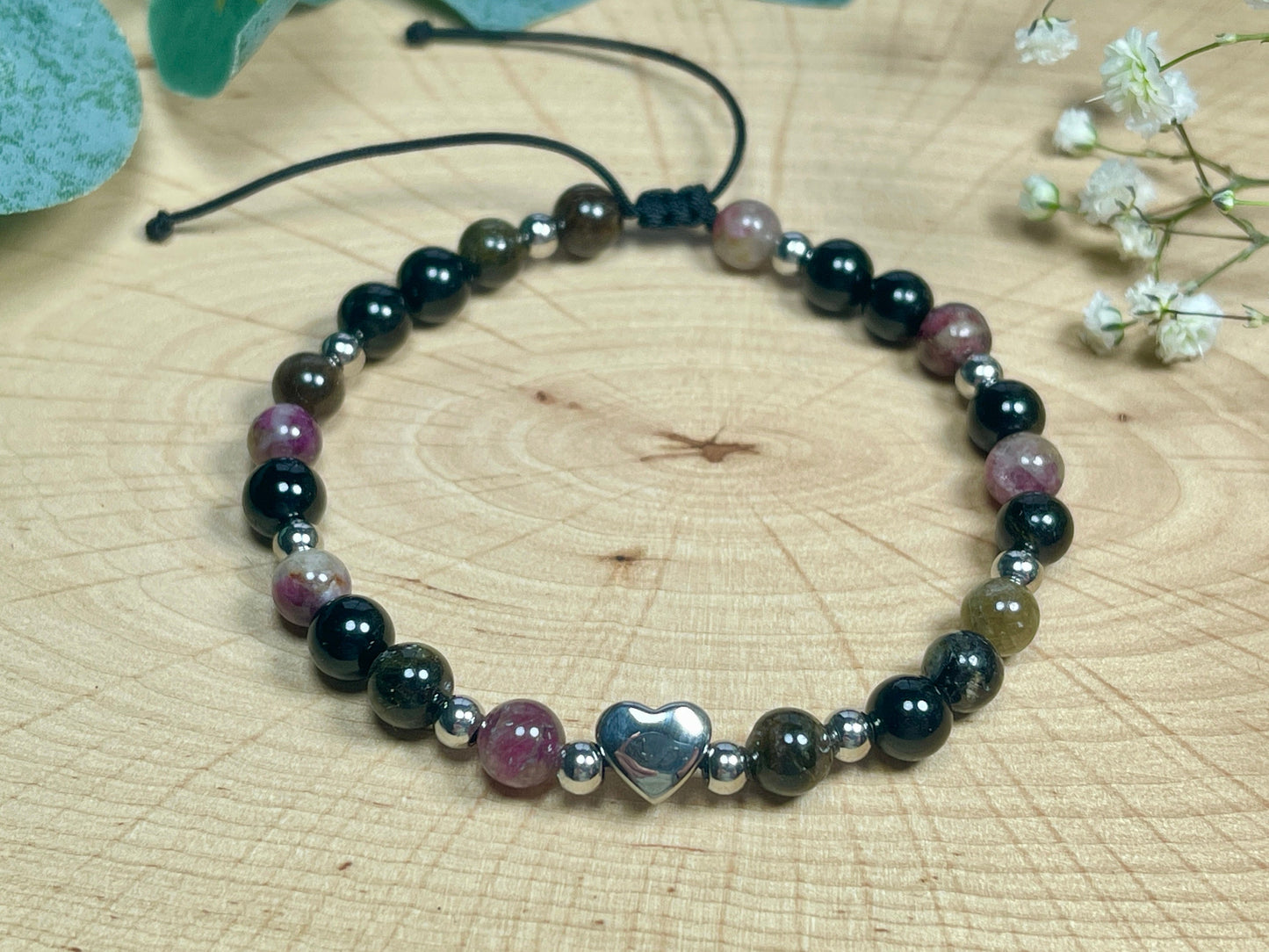 Armband Wassermelonen Turmalin Herz Edelstahl Makramee verstellbar - Perlenarmband Schutzstein- Spiritueller Schmuck - echte Natursteine