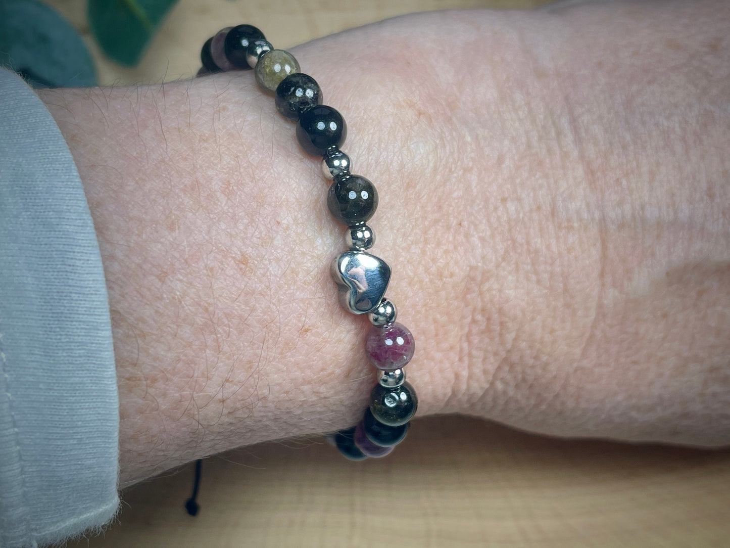 Armband Wassermelonen Turmalin Herz Edelstahl Makramee verstellbar - Perlenarmband Schutzstein- Spiritueller Schmuck - echte Natursteine