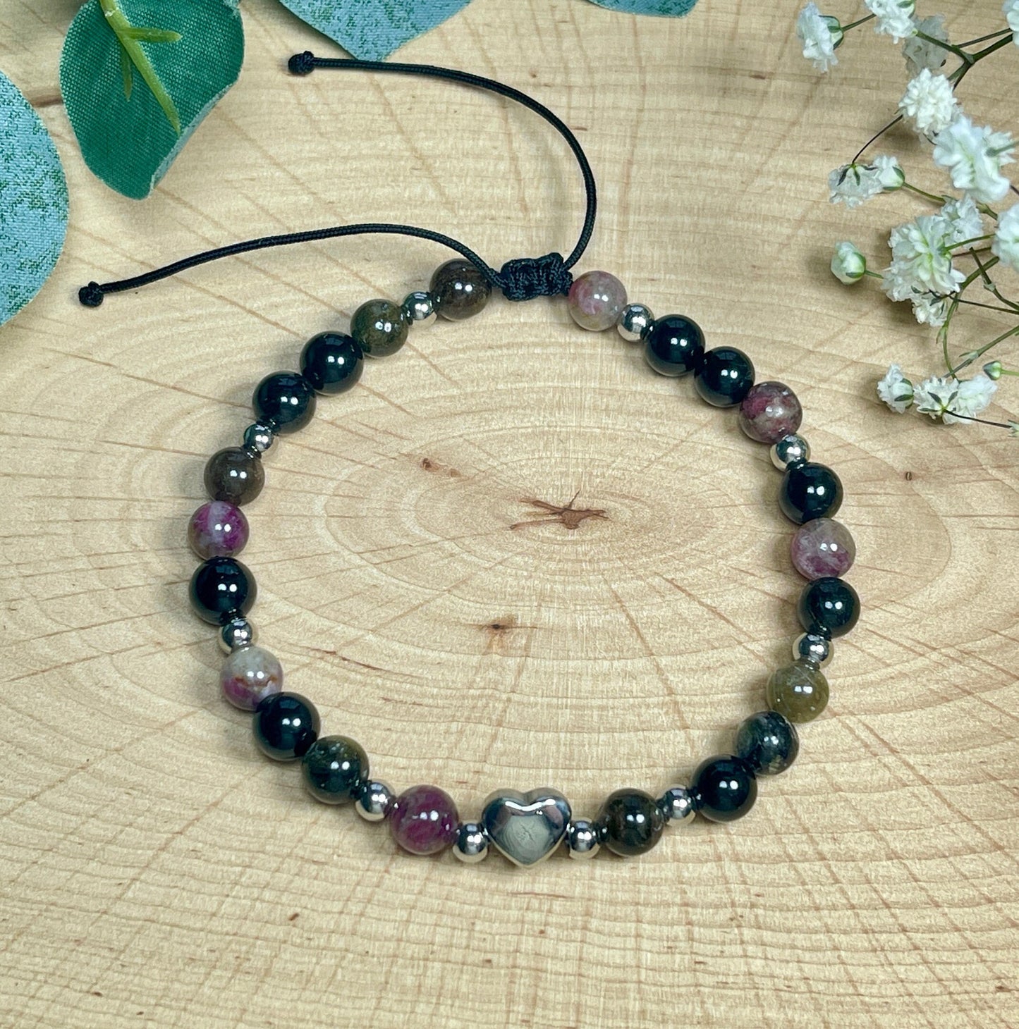 Armband Wassermelonen Turmalin Herz Edelstahl Makramee verstellbar - Perlenarmband Schutzstein- Spiritueller Schmuck - echte Natursteine