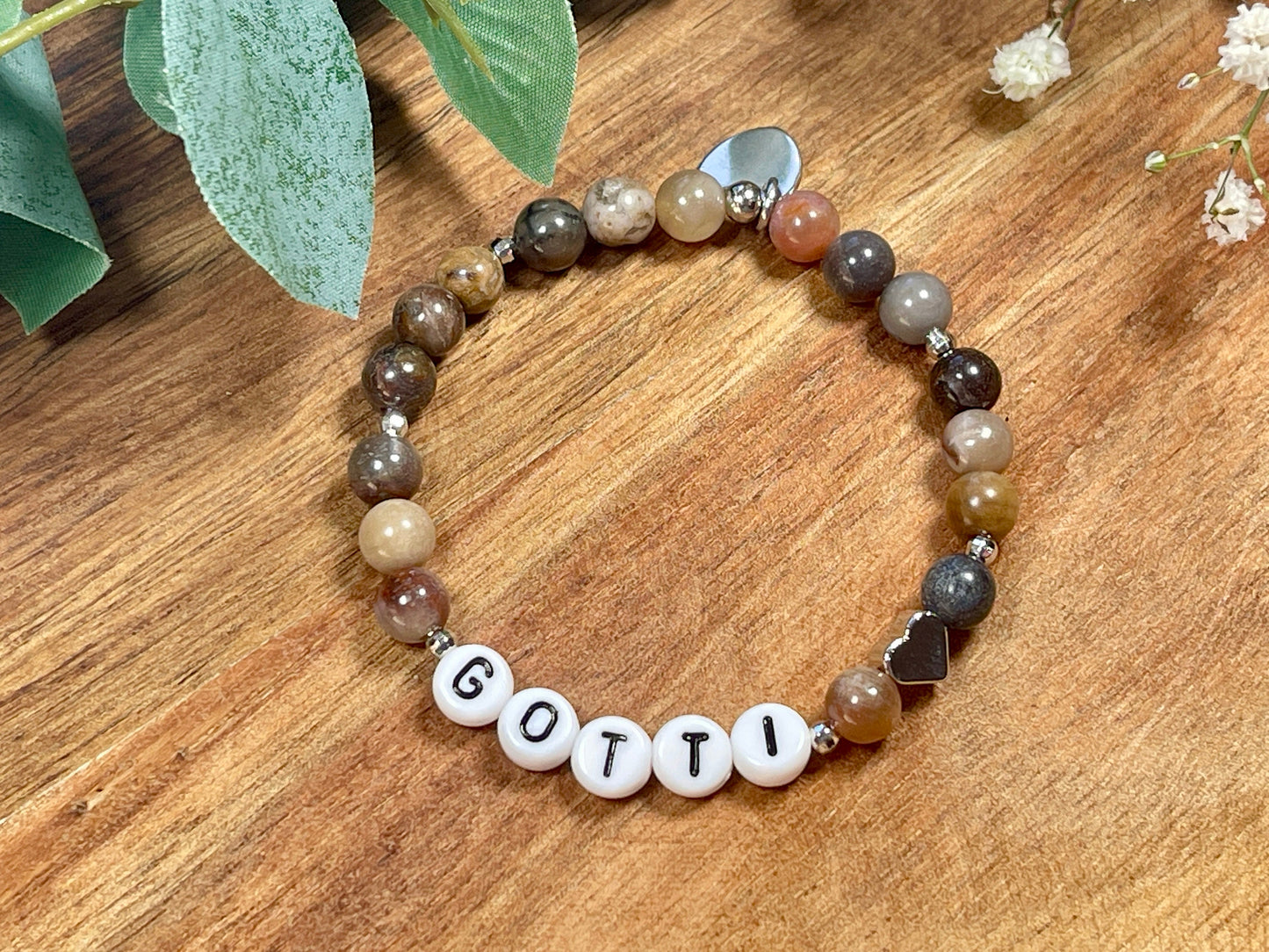 Armband Versteinertes Holz Gotti Herz Platiniert - Geschenk Patenschaft und Taufe Erinnerungsarmband - Willst Du Patentante sein?