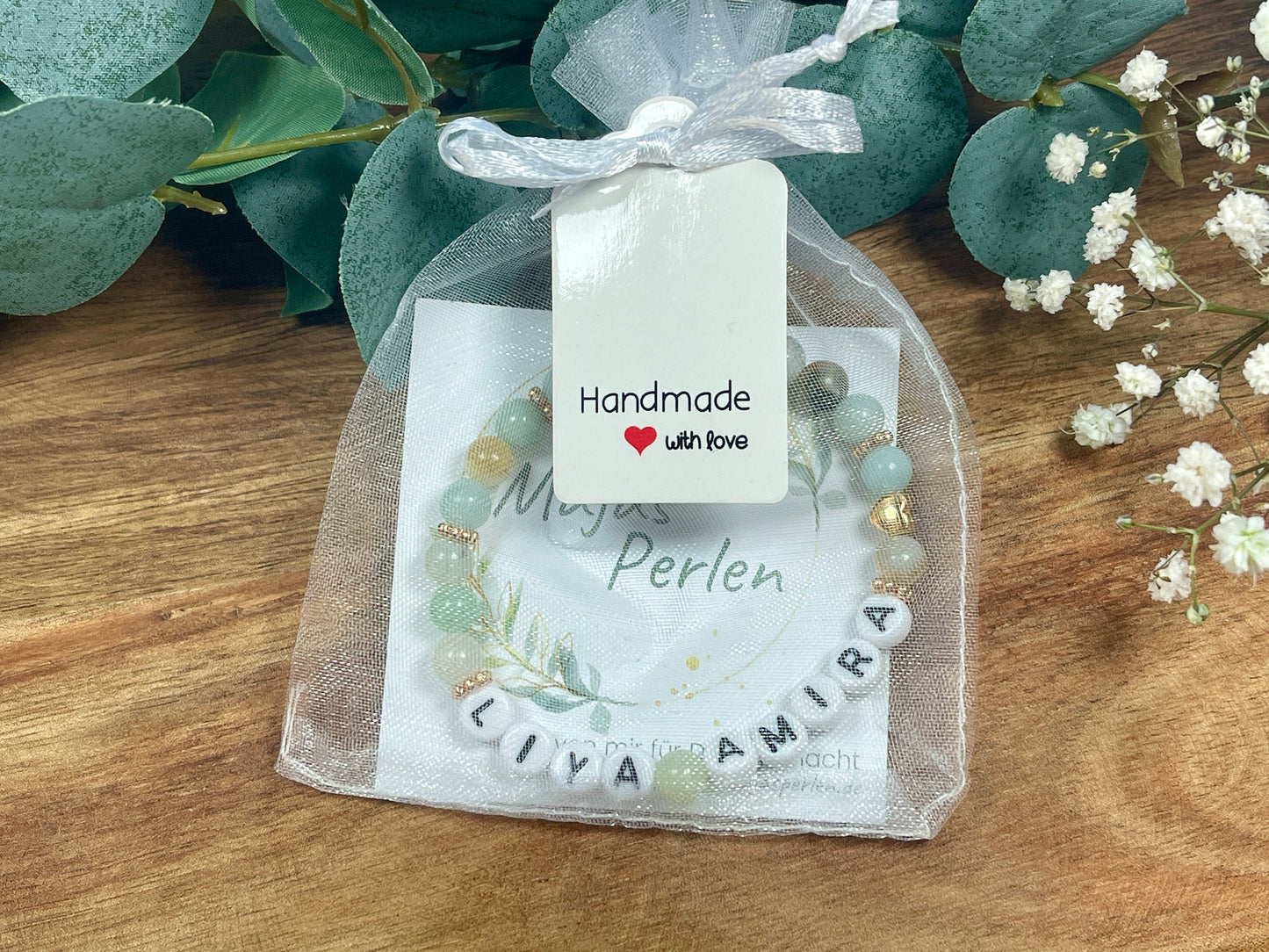 Armband Name Amazonit gold - Herz Gold DQ - Geschenk Schwangerschaft Baby Geburt Mädchenarmband Lieblingsmensch Mama