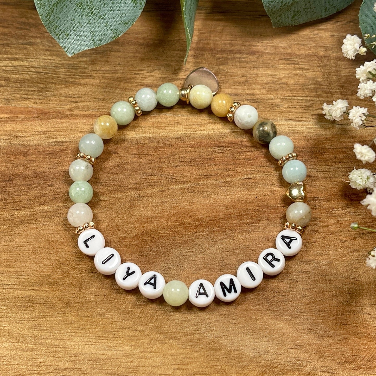 Armband Name Amazonit gold - Herz Gold DQ - Geschenk Schwangerschaft Baby Geburt Mädchenarmband Lieblingsmensch Mama