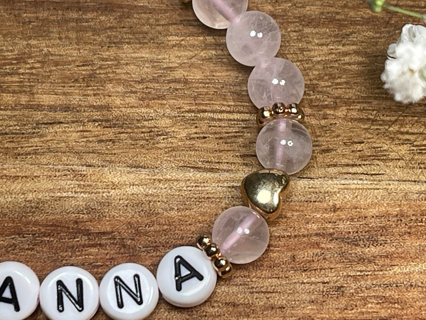 Armband Name Rosenquarz gold - Herz Gold DQ - Geschenk Schwangerschaft Baby Geburt Mädchenarmband Lieblingsmensch Mama