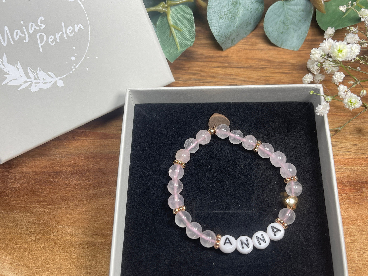 Armband Name Rosenquarz gold - Herz Gold DQ - Geschenk Schwangerschaft Baby Geburt Mädchenarmband Lieblingsmensch Mama