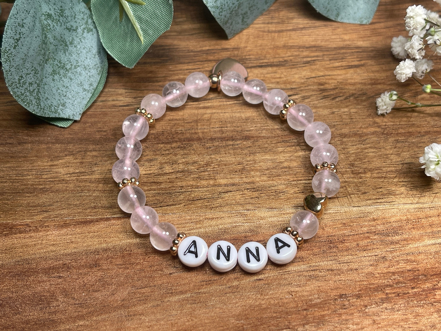 Armband Name Rosenquarz gold - Herz Gold DQ - Geschenk Schwangerschaft Baby Geburt Mädchenarmband Lieblingsmensch Mama
