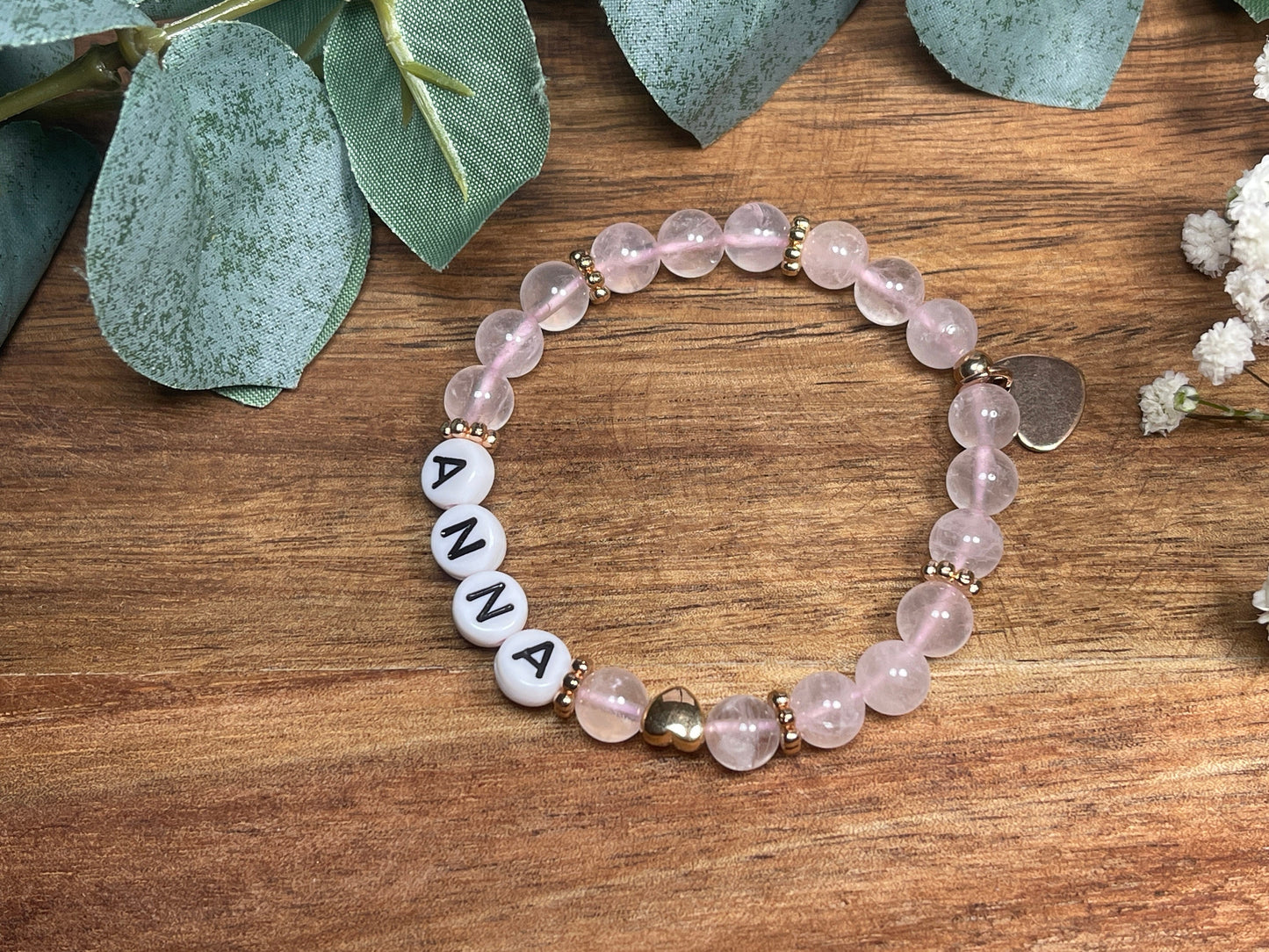 Armband Name Rosenquarz gold - Herz Gold DQ - Geschenk Schwangerschaft Baby Geburt Mädchenarmband Lieblingsmensch Mama