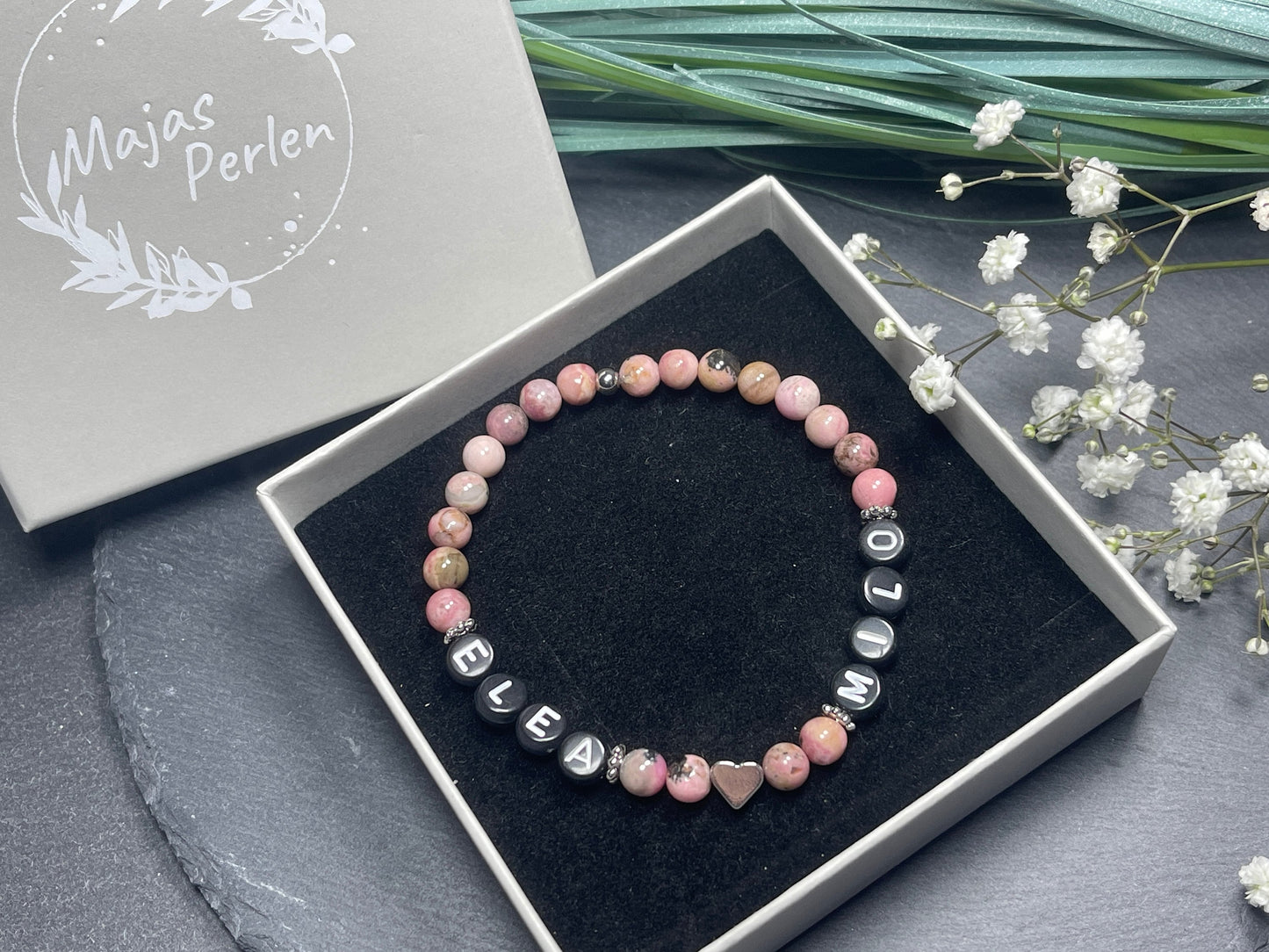 Perlenarmband Rhodonit - Kindernamen - Herz echt Platiniert - Namensarmband Liebe Geschenk Baby Geburt - Turmalin Apatit Rosa Opal uvm.