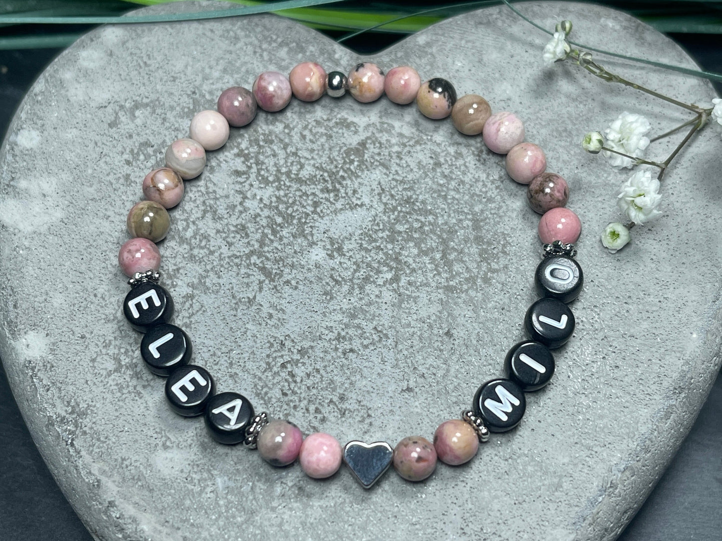 Perlenarmband Rhodonit - Kindernamen - Herz echt Platiniert - Namensarmband Liebe Geschenk Baby Geburt - Turmalin Apatit Rosa Opal uvm.