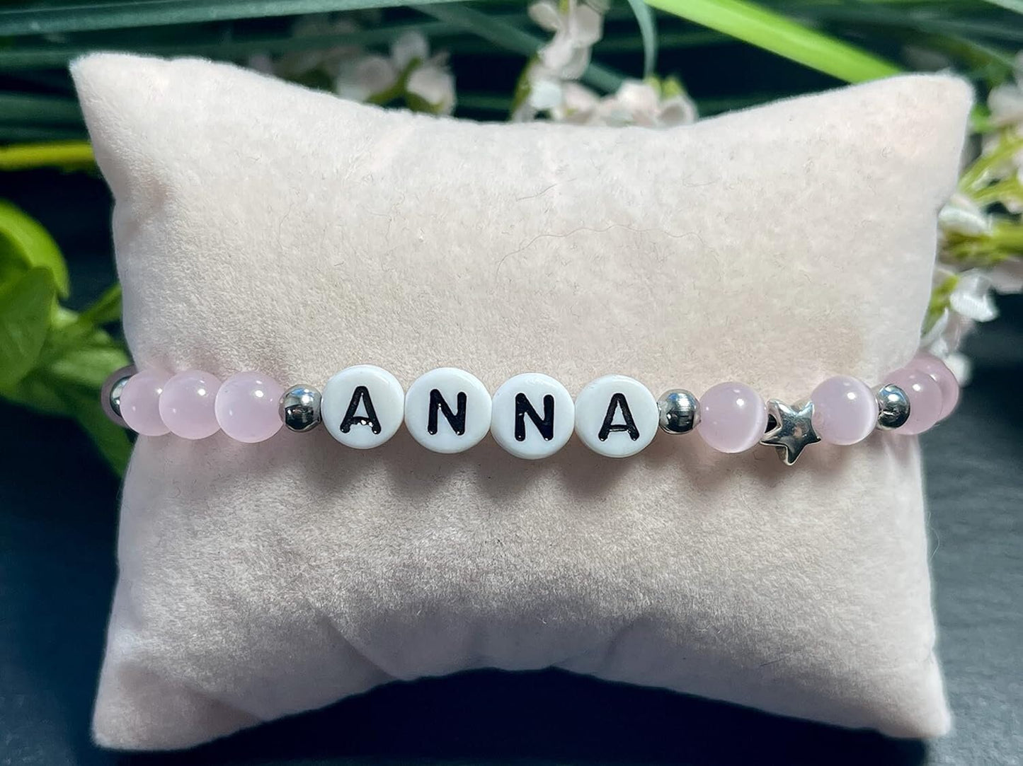 Armband mit Name Mädchen Rosa Cateyeperlen & Edelstahl - Geschenk Mädchen - Namensarmband viele Farben personalisierbar Kinderarmband