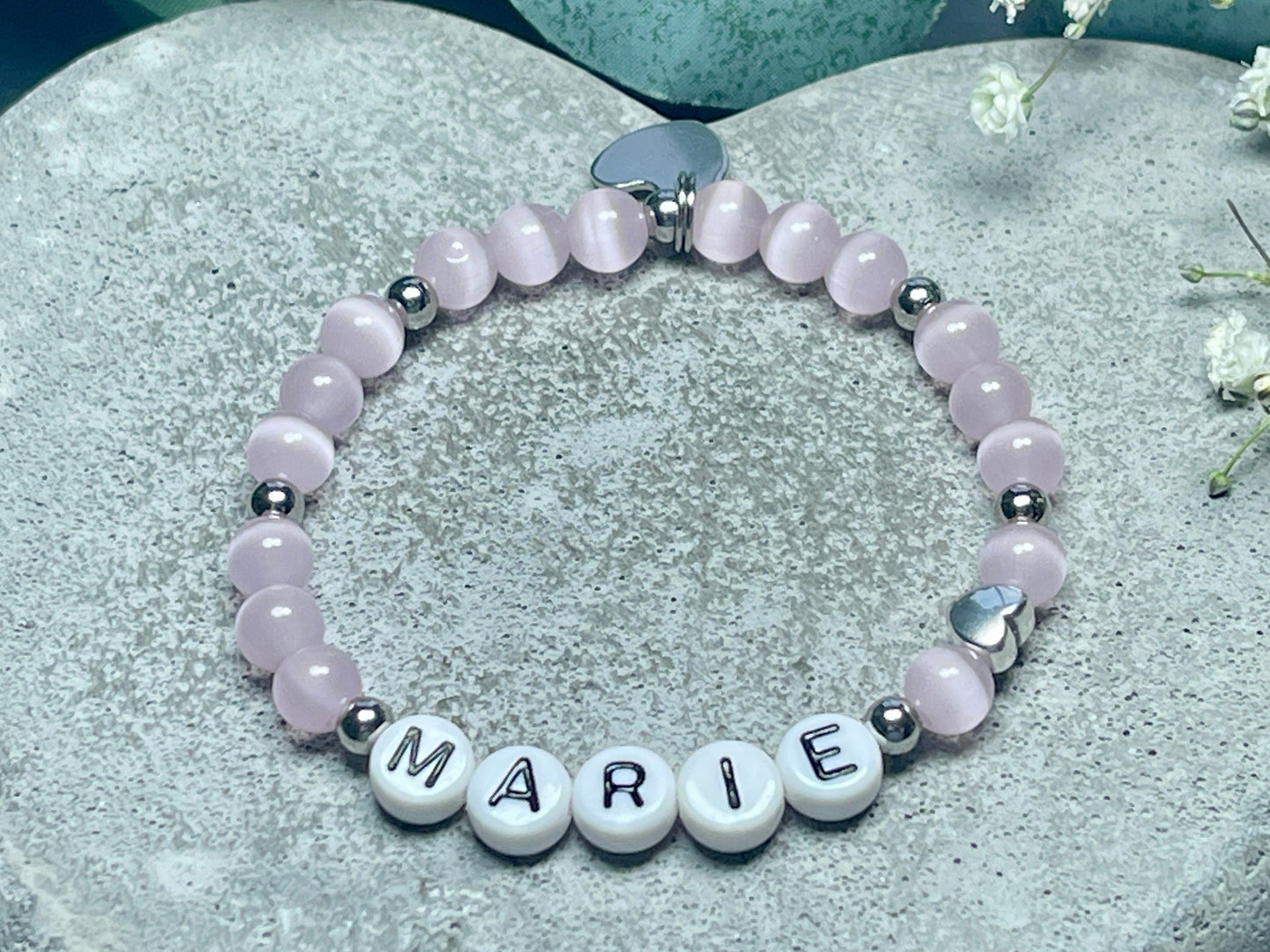 Armband mit Name Mädchen Cateyeperlen Rosa Herz Edelstahl - Geschenk Mädchen - Namensarmband viele Farben personalisierbar Kinderarmband