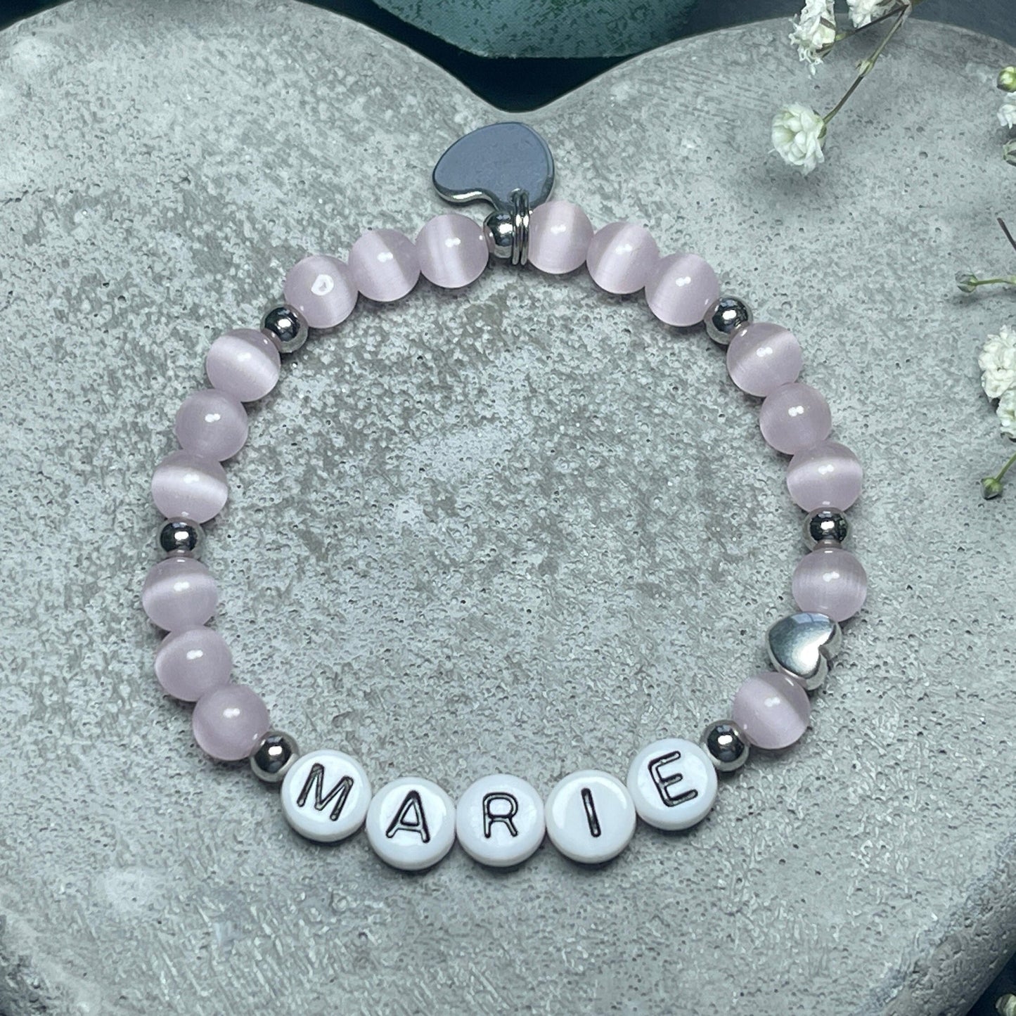 Armband mit Name Mädchen Cateyeperlen Rosa Herz Edelstahl - Geschenk Mädchen - Namensarmband viele Farben personalisierbar Kinderarmband